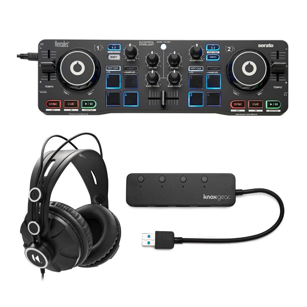 Hercules DJControl Starlight Pocket USB DJ Controller with Headphones and Knox 4-Port USB 3.0 Hub in Black -  AMS-DJCONTROL-STAR