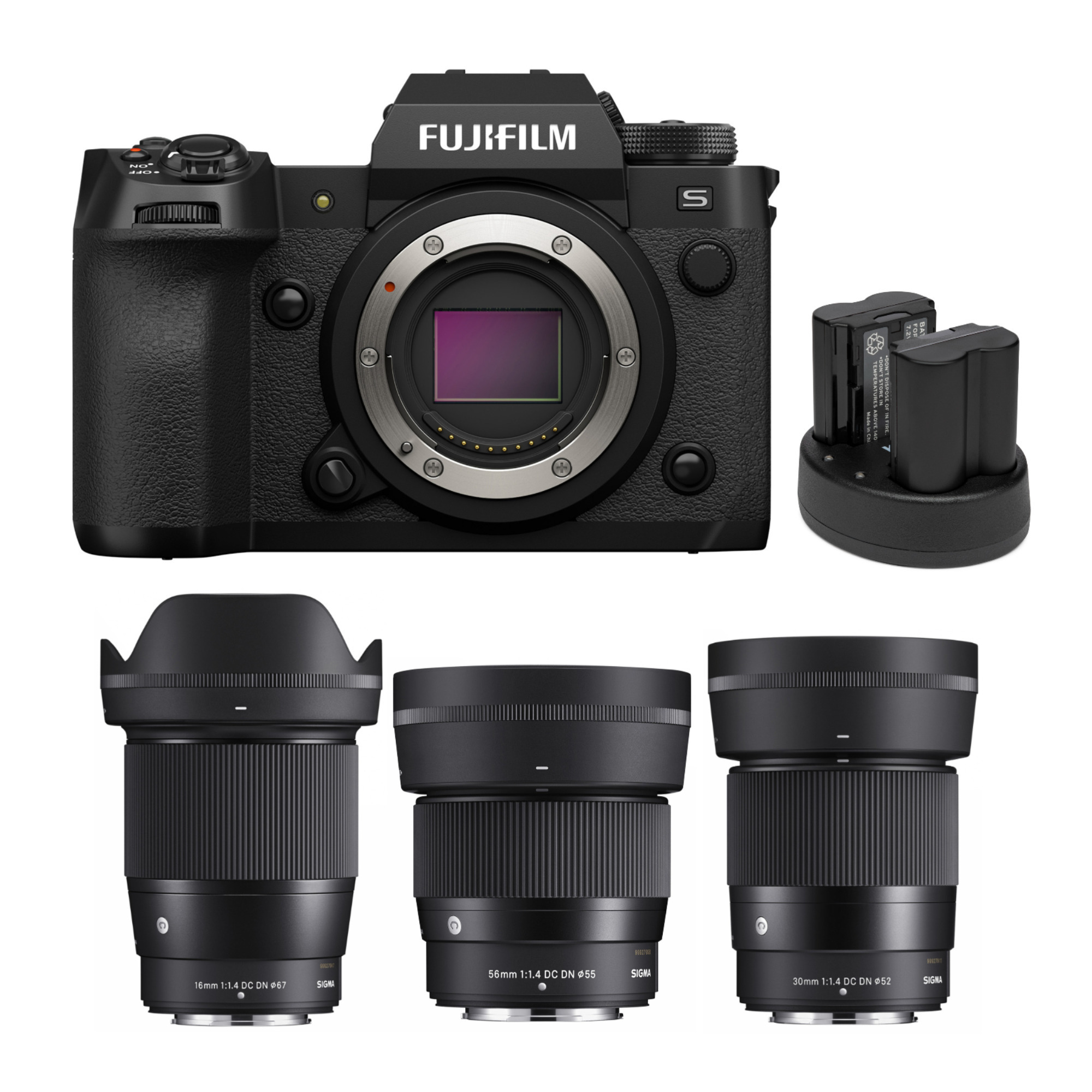 Fujifilm X-H2S Mirrorless Camera Body with 56mm F1.4 X-Mount and 16mm F1.4 X-Mount Bundle in Black