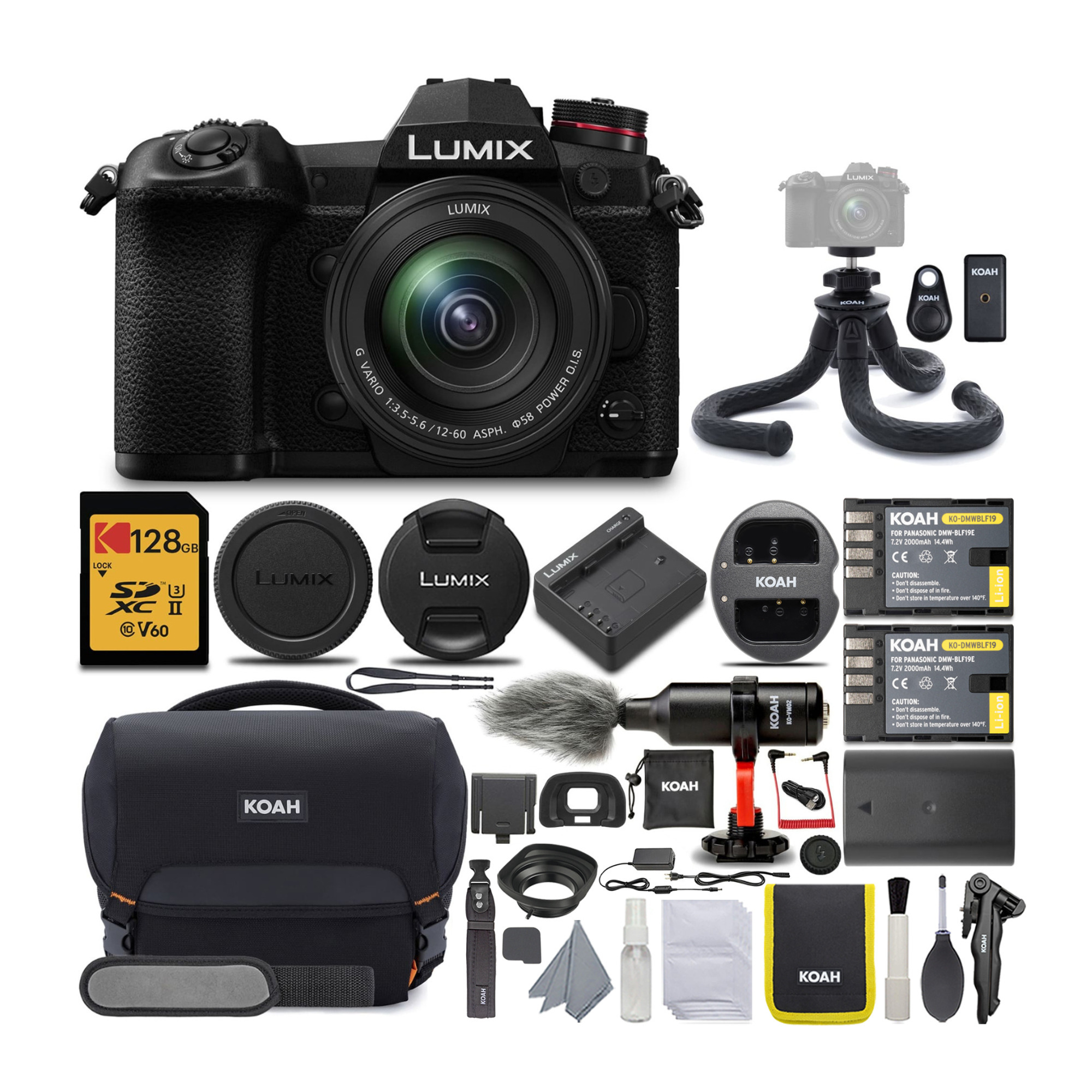 Panasonic LUMIX G9 Mirrorless Camera with LUMIX G Vario 12-60mm Camera Lens and KOAH Pro Accessory Bundle in Black