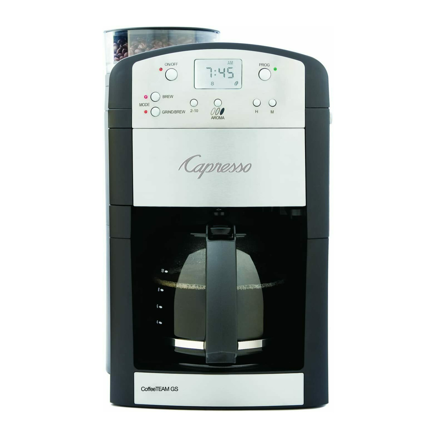 CoffeeTeam GS 10-Cup Digital Coffee Maker with Conical Burr Grinder in Black - Capresso 464.05