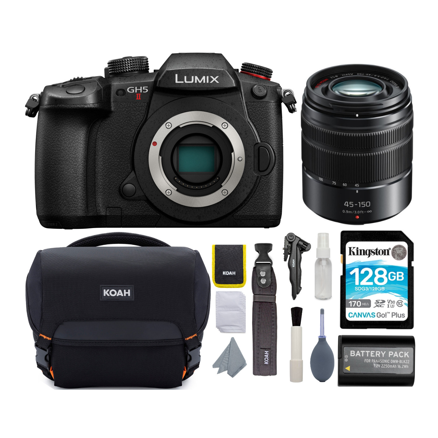Panasonic LUMIX GH5 II Mirrorless Camera (Body Only) with 45-150mm Camera Lens Bundle in Black