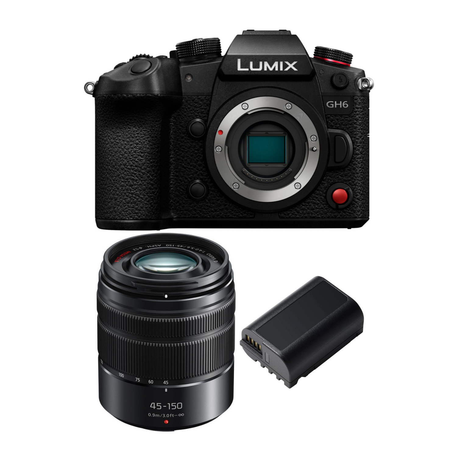 Panasonic LUMIX GH6 Mirrorless Camera Body with LUMIX F4.0-5.6 G Vario OIS Camera Lens and Battery Pack in Black