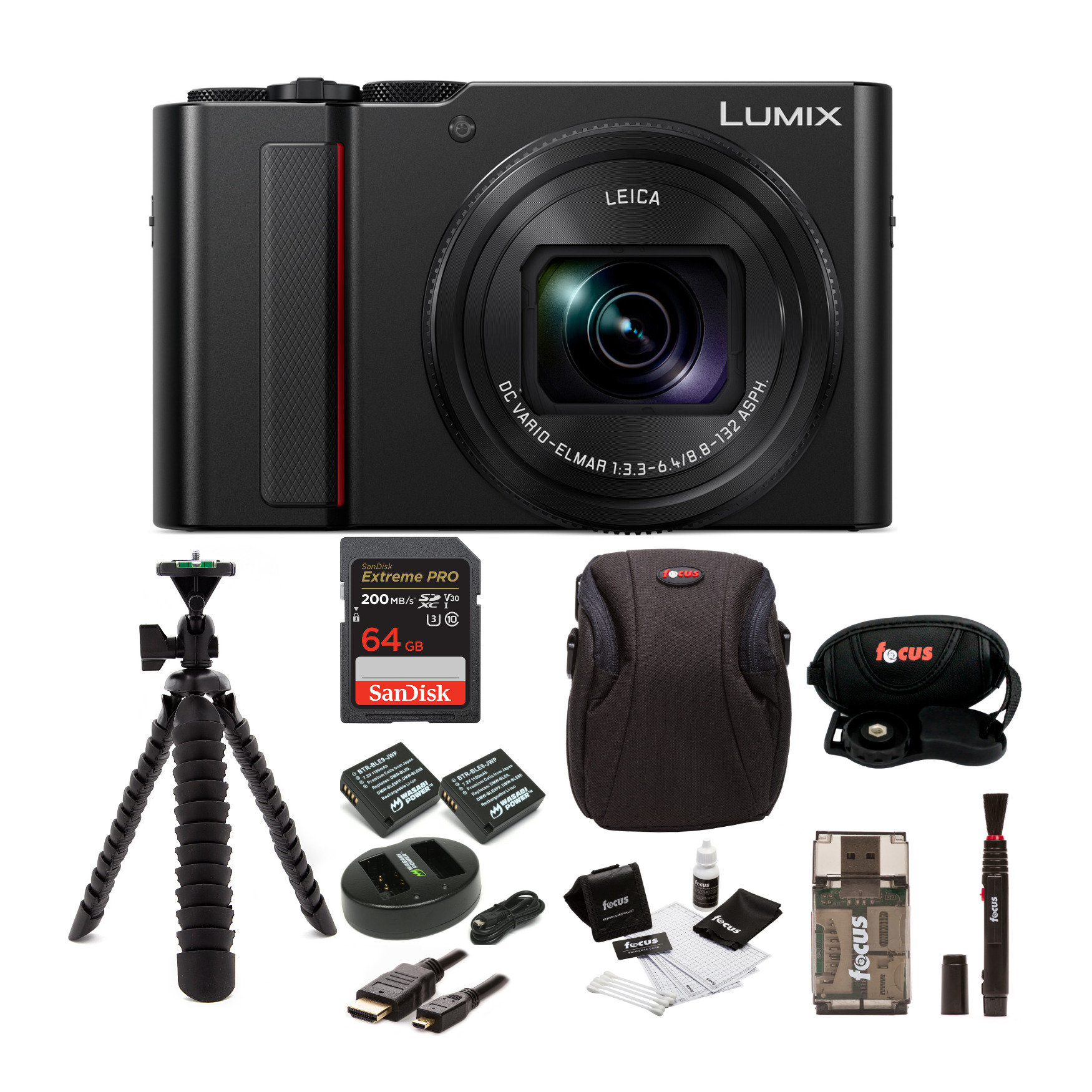 Panasonic LUMIX ZS200 20MP MOS Sensor 4K Digital Camera w/ 64GB SD Card & Accessory Bundle in Black