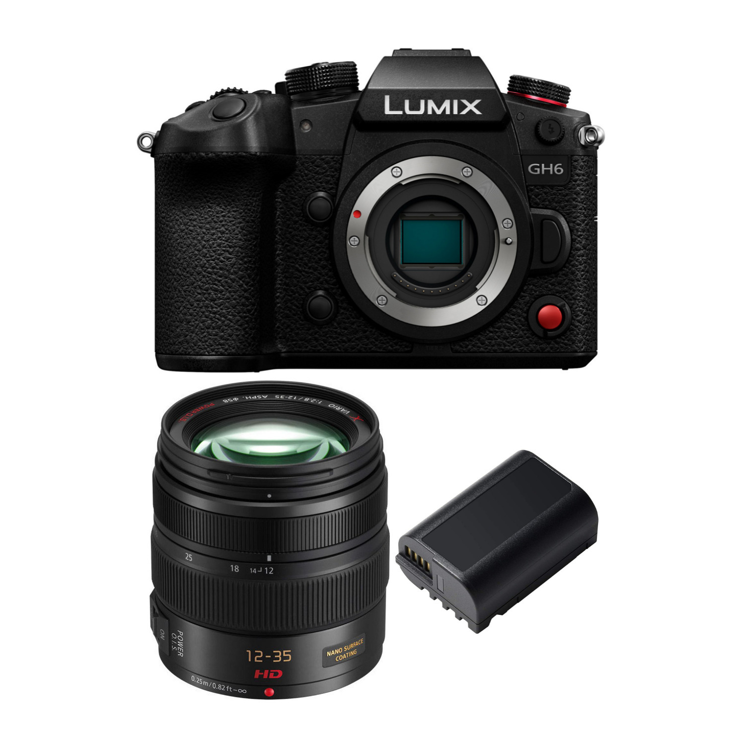 Panasonic LUMIX GH6 Mirrorless Camera Body with Mirrorless Camera Lens and Lithium-Ion Battery Pack in Black
