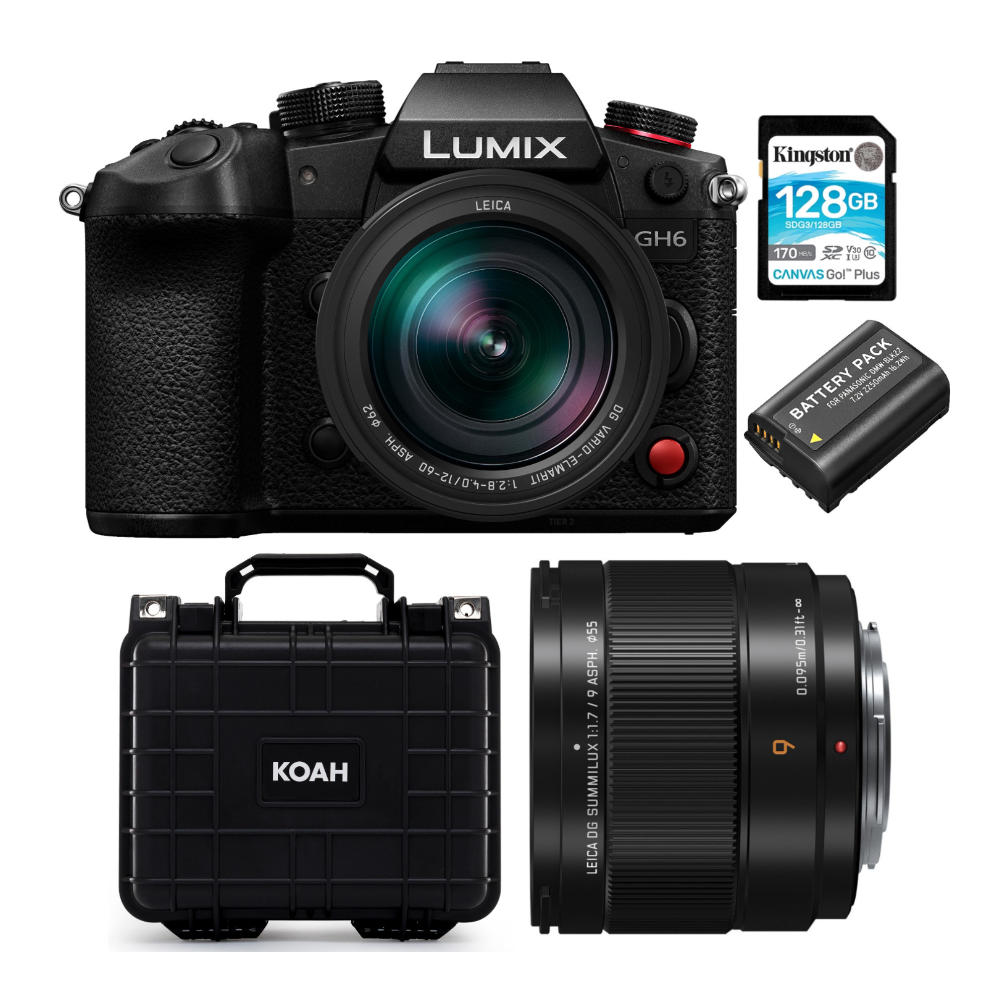 Panasonic Lumix GH6 Mirrorless Camera with 12-60mm f/2.8-4 Camera Lens with f/1.7 LEICA SUMMILUX Bundle in Black