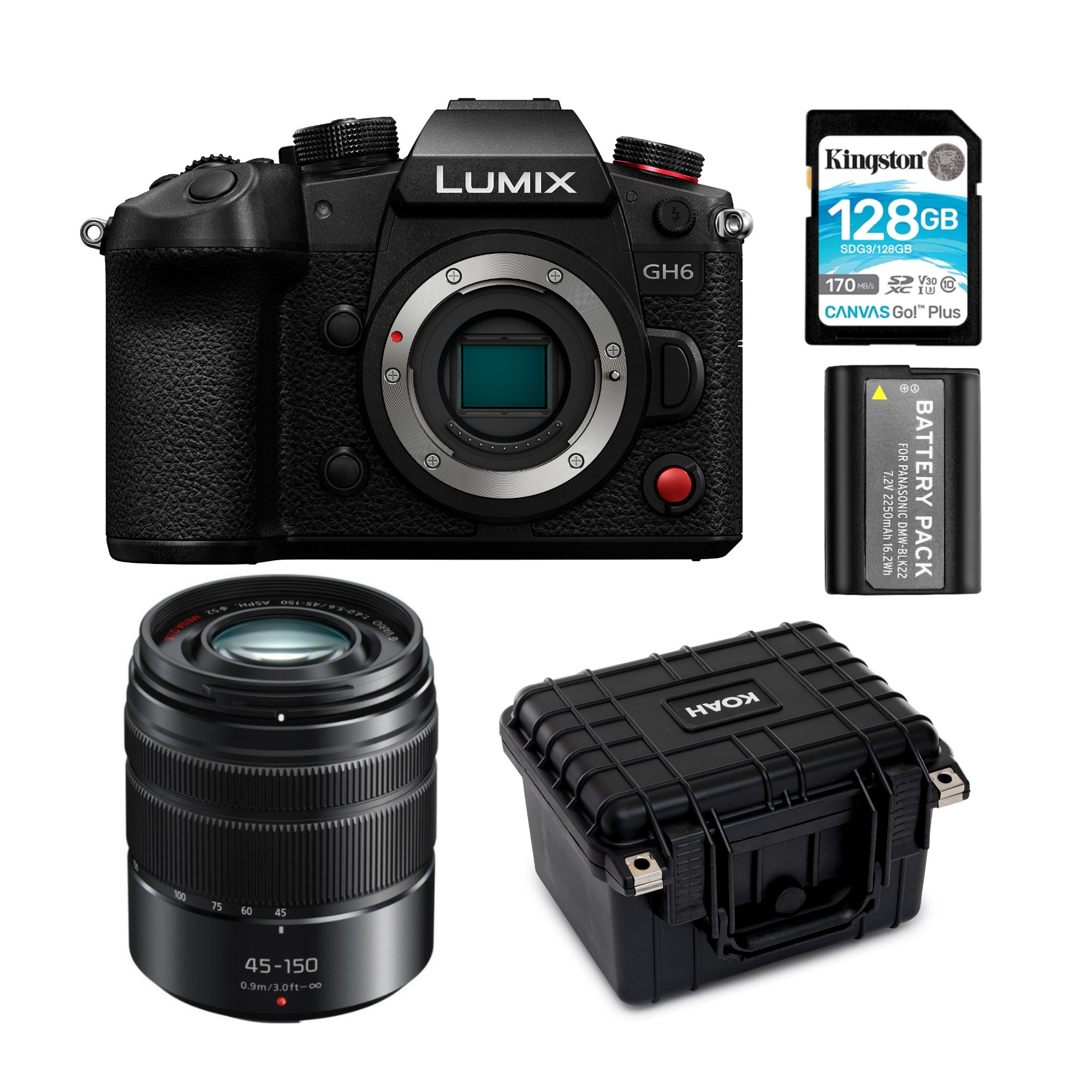Panasonic LUMIX GH6 Mirrorless Camera Body with H-FS45150AK LUMIX 45-150mm G Vario ASPH Camera Lens Bundle in Black