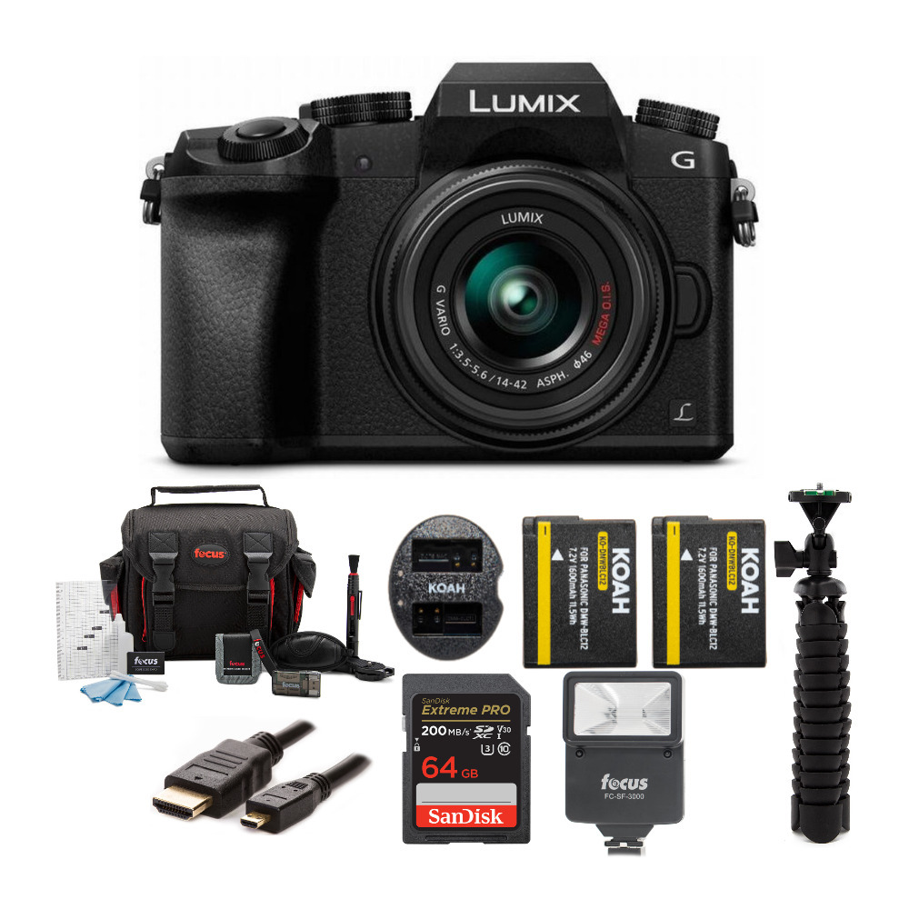 Panasonic LUMIX G7 Mirrorless Camera with 14-42mm f/3.5-5.6 Camera Lens with Memory Card Bundle in Black
