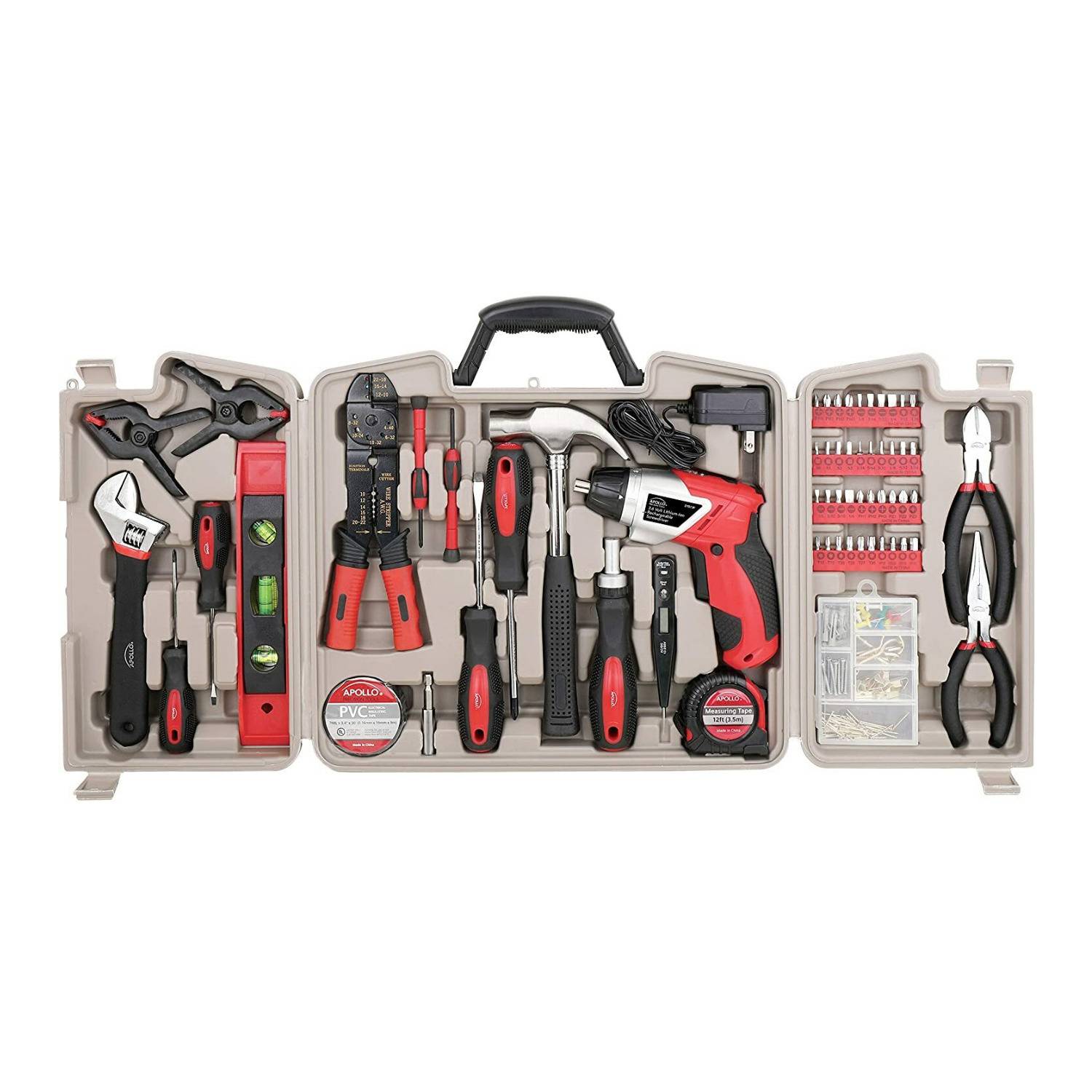 Apollo Tools 161-Piece Complete Household Tool Set with 3.6 Volt Lithium-Ion Cordless Screwdriver