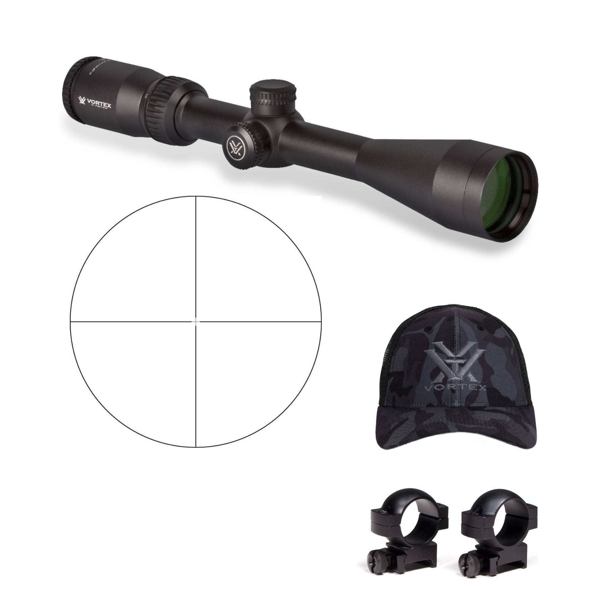 Vortex Crossfire II 4-12x44 Riflescope (V-Plex MOA Reticle) with 1-inch Scope Rings and Hat