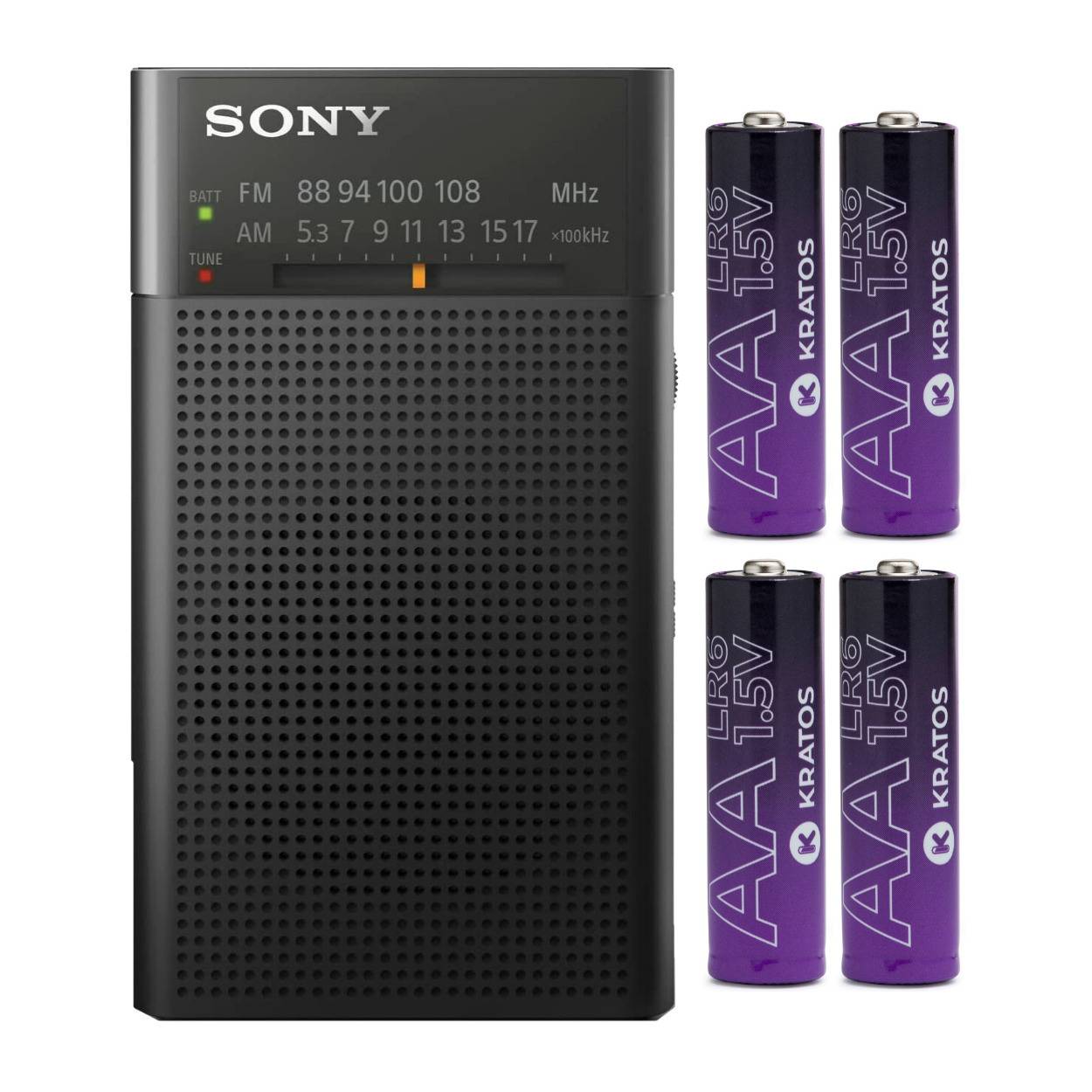 Sony ICFP27 Portable AM/FM Radio with Speaker (Black) with Kratos Power 4-Pack AA Alkaline Batteries
