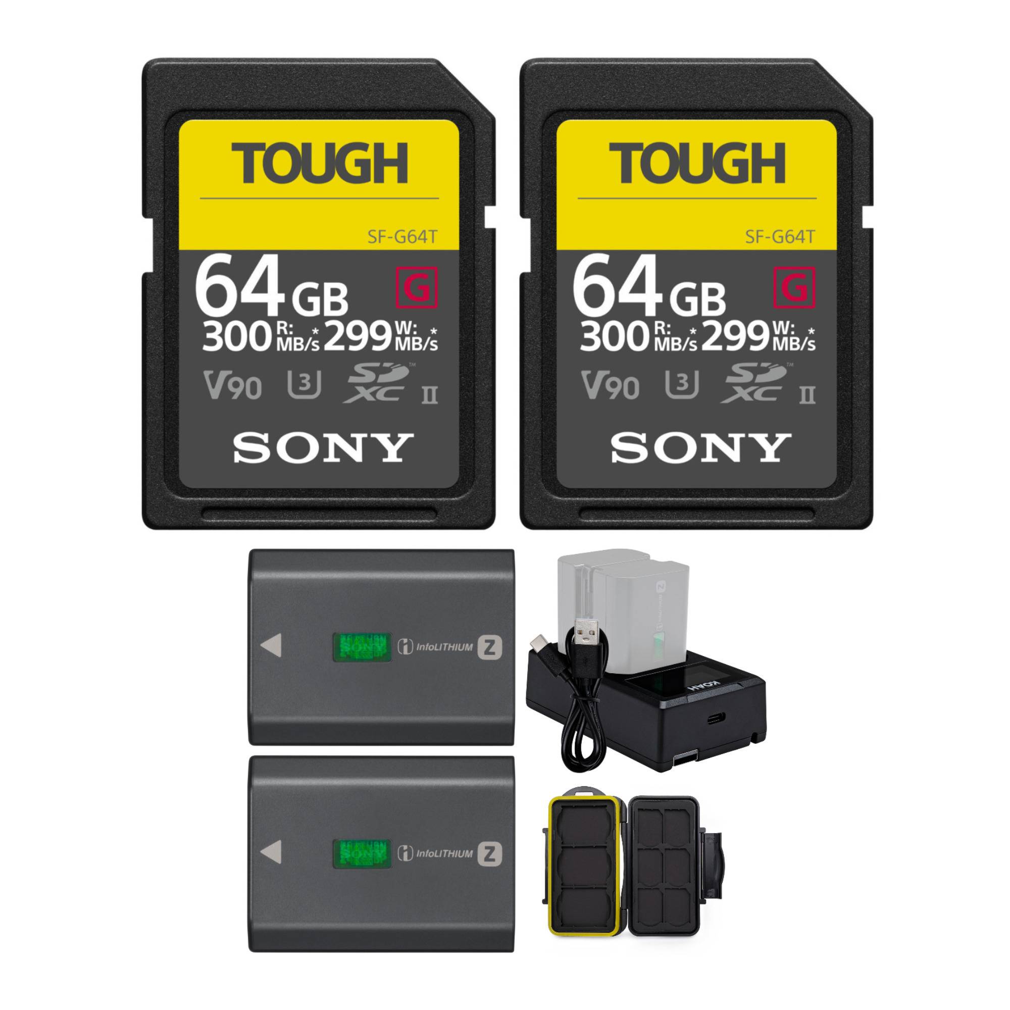 Sony 64GB UHS-II Tough G-Series SD Card (2-Pack) with Battery Pack and USB-C Charger Bundle