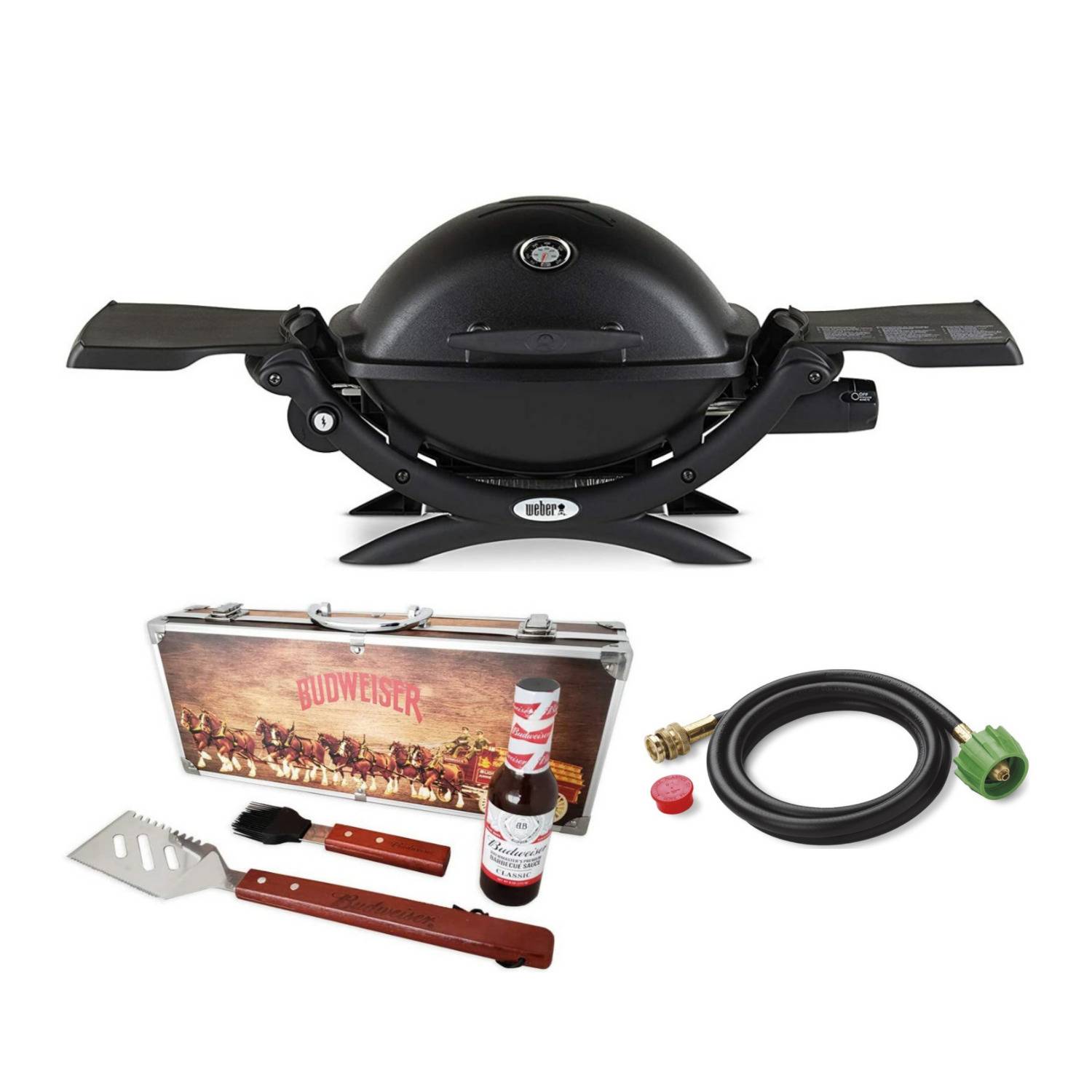 Weber Q 1200 Gas Grill (Black) with Adapter Hose and BBQ Grill Gift Set