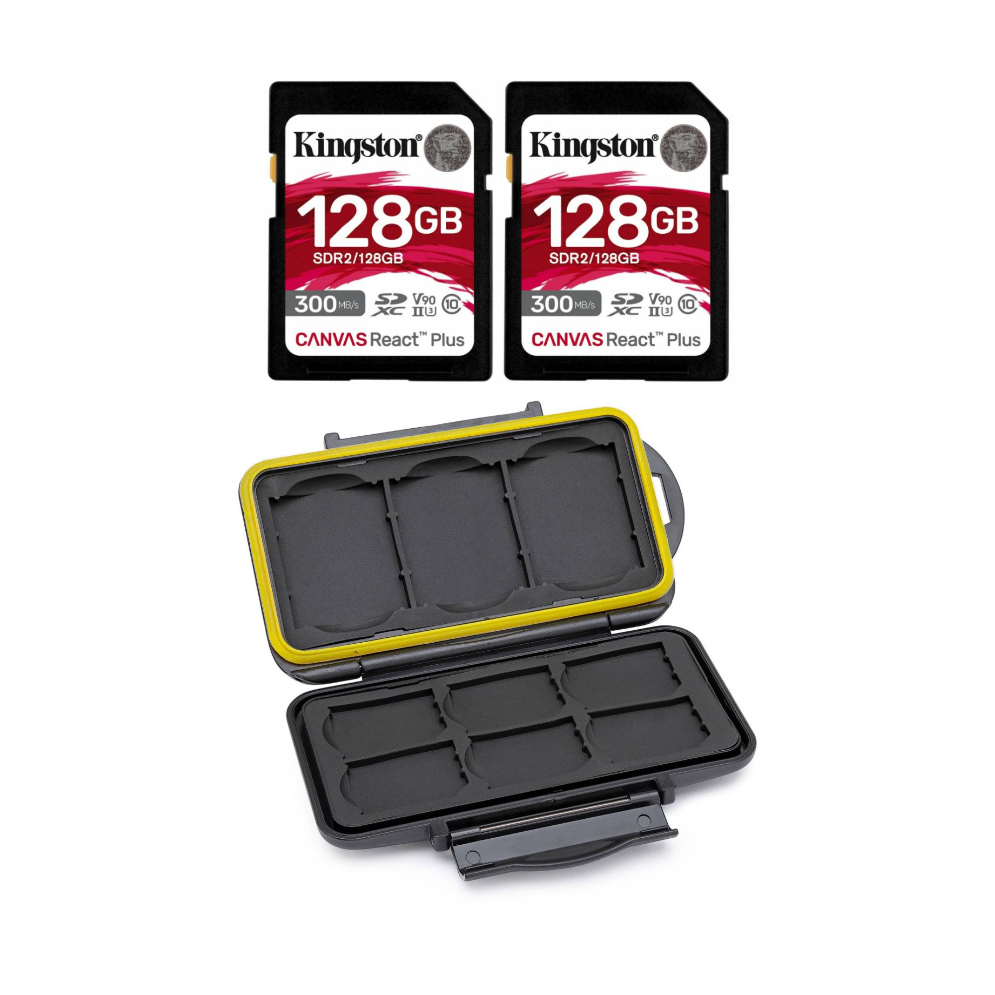 Kingston Canvas React Plus 128GB V90 SDXC UHS-II SD Card (2-Pack) and Memory Storage Carrying Case