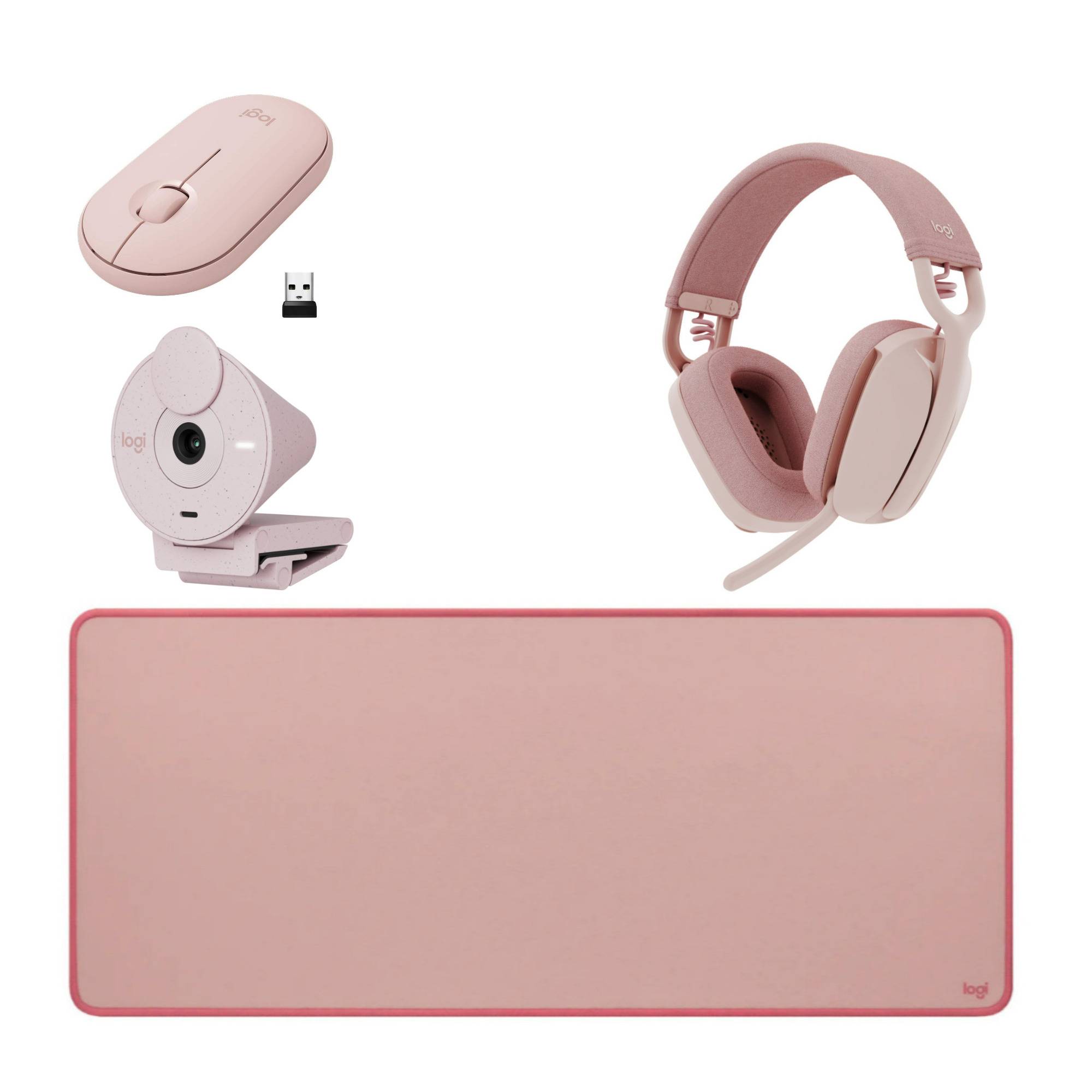 Logitech Zone Vibe 100 Wireless Headphones (Rose) with Webcam, Pebble M350 Mouse, and Desk Mat