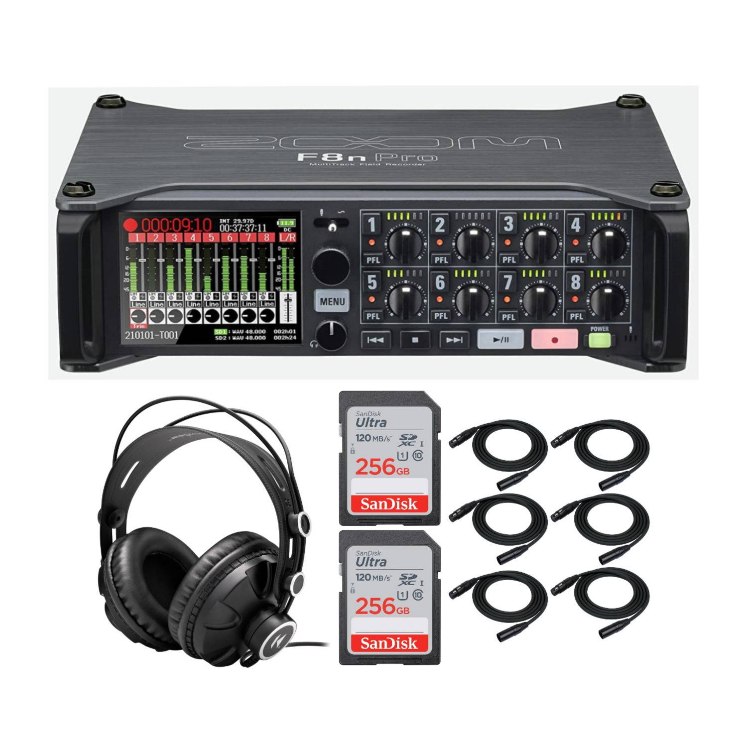 Zoom F8n Pro MultiTrack Field Recorder with Closed-Back Headphones and Accessory Bundle