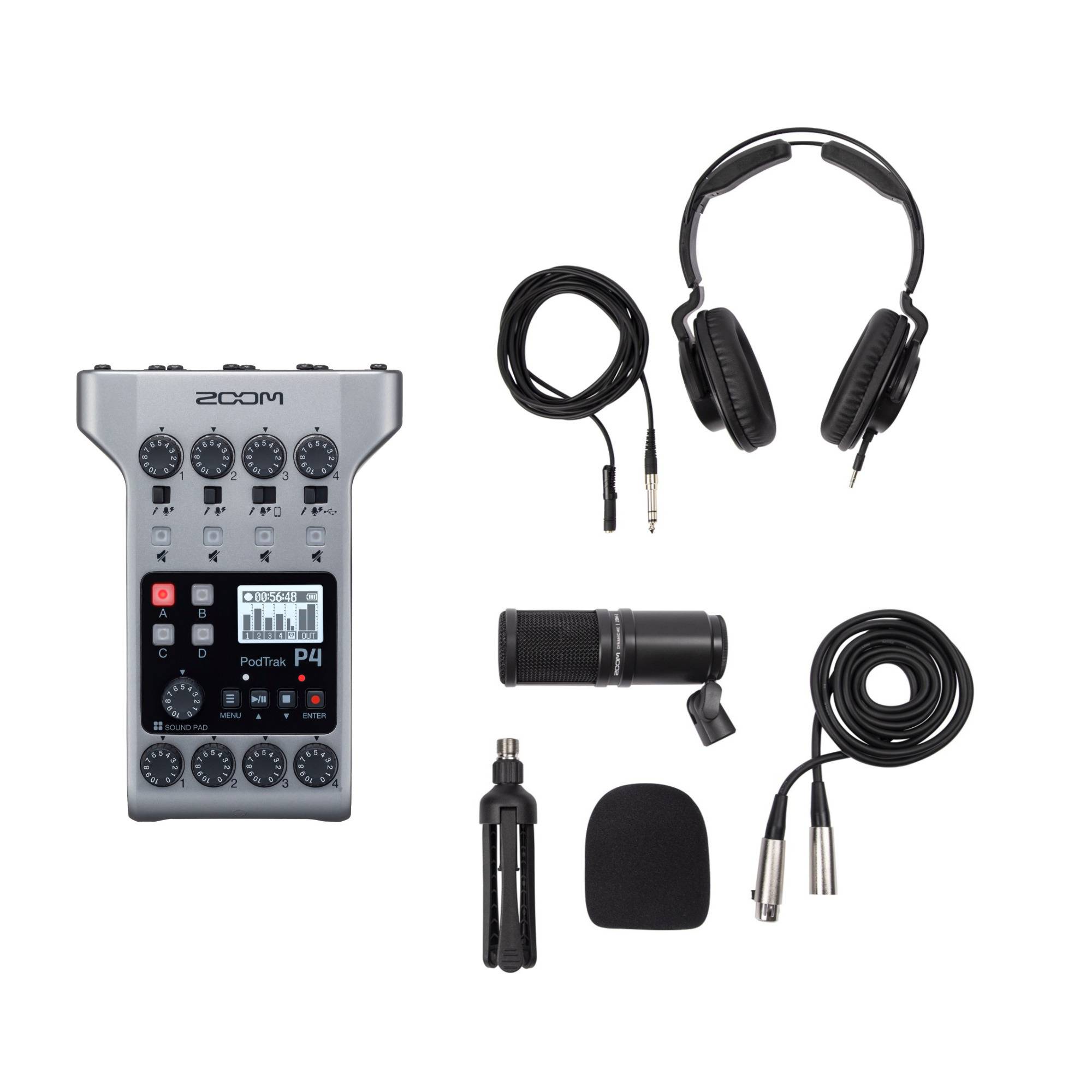 Zoom PodTrak P4 Portable Multitrack Podcast Recorder Bundle with Zoom ZDM-1 Podcast Pack