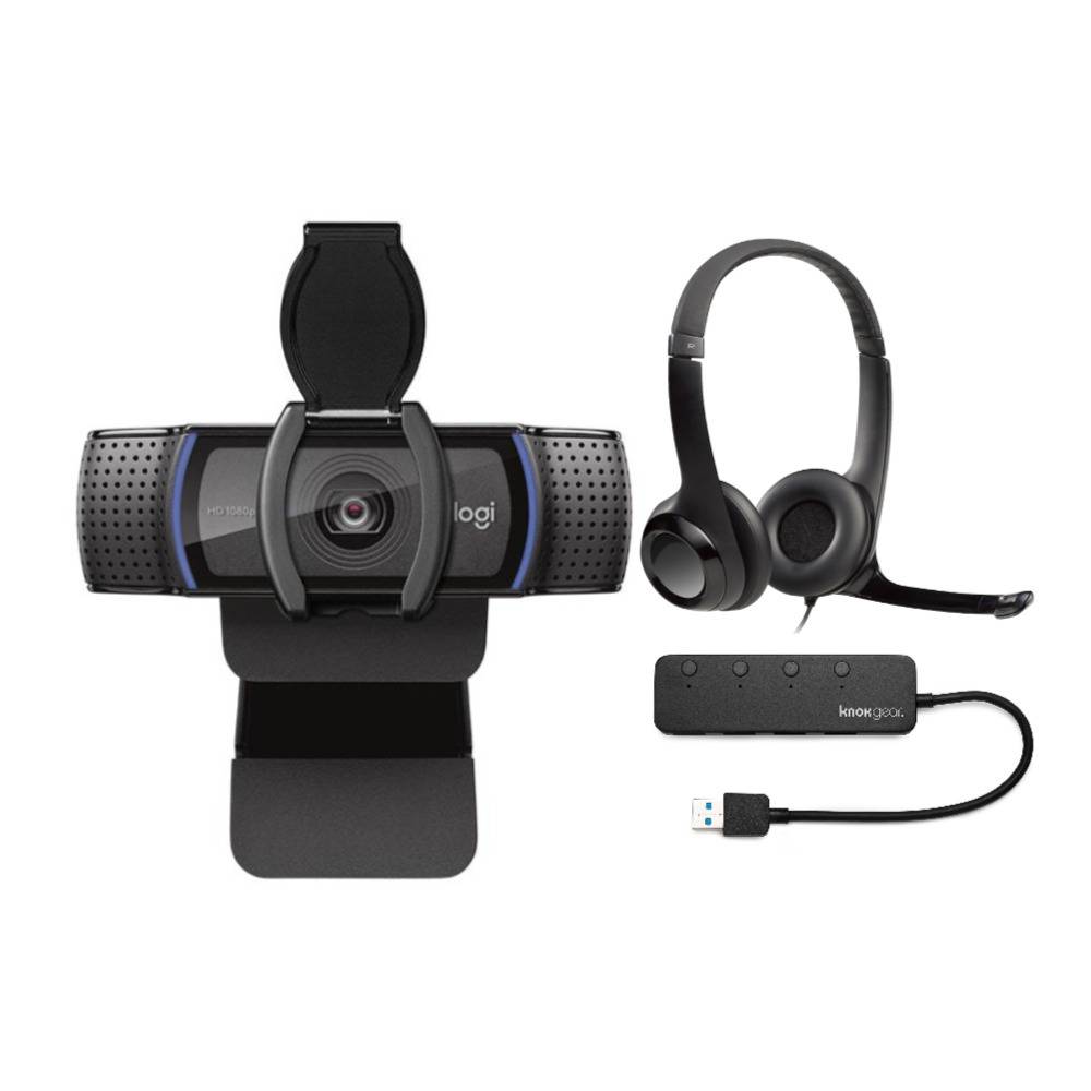 Logitech C920S Pro HD Webcam with H390 USB Headset with Noise-Canceling Mic and Knox 4-Port USB Hub