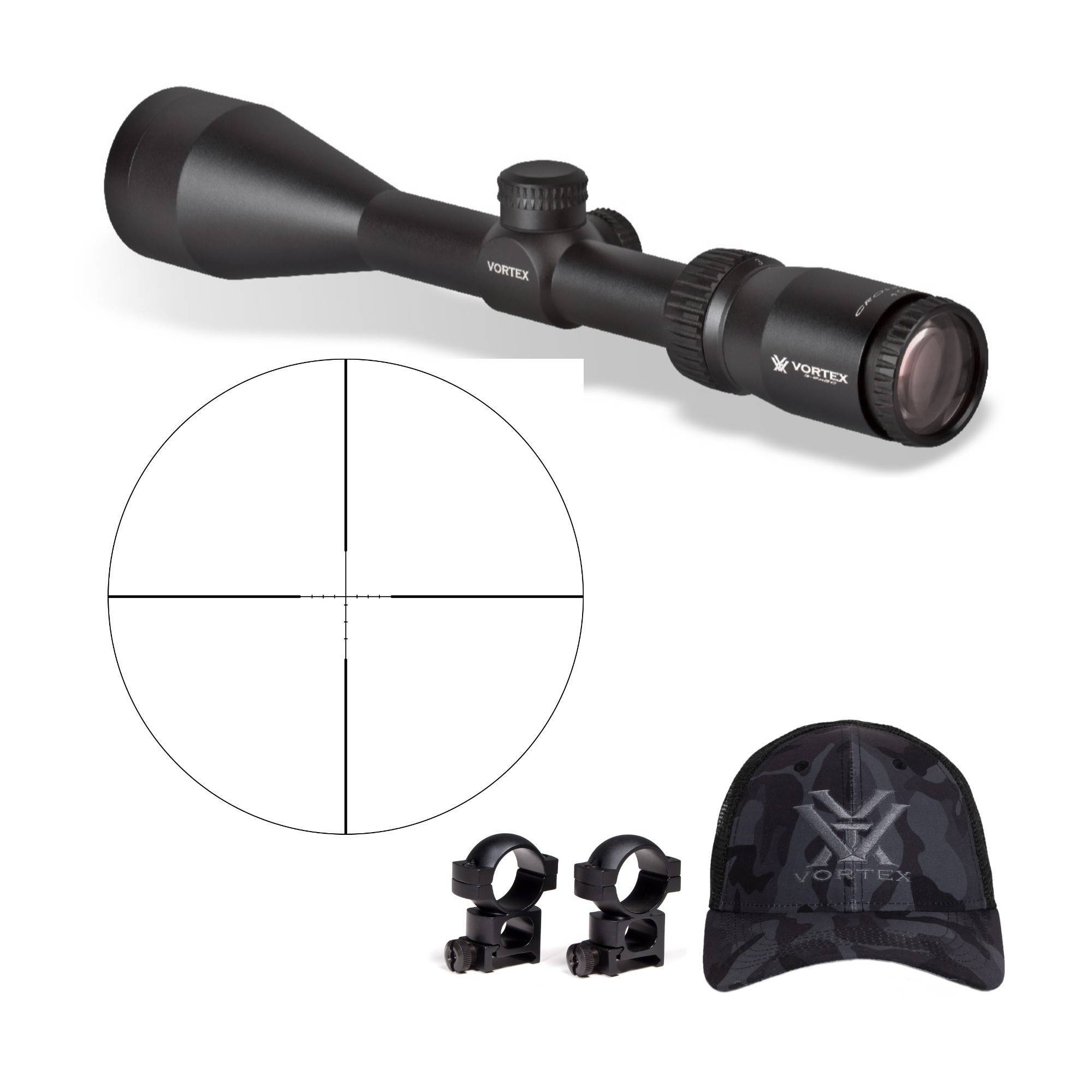 Vortex Crossfire II 3-9x50 Riflescope (Dead-Hold BDC MOA Reticle) with 1in Riflescope Rings and Hat