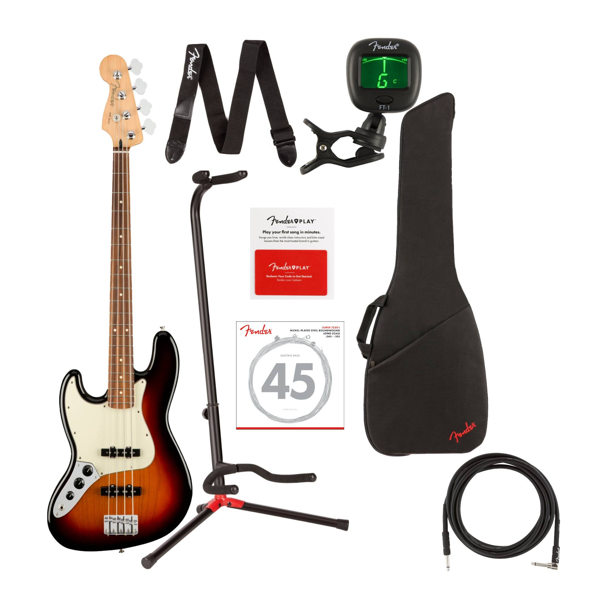 Fender Player Jazz Bass 4-String Guitar (Pau Ferro, Left-Handed, 3-Color Sunburst) with Bag Bundle