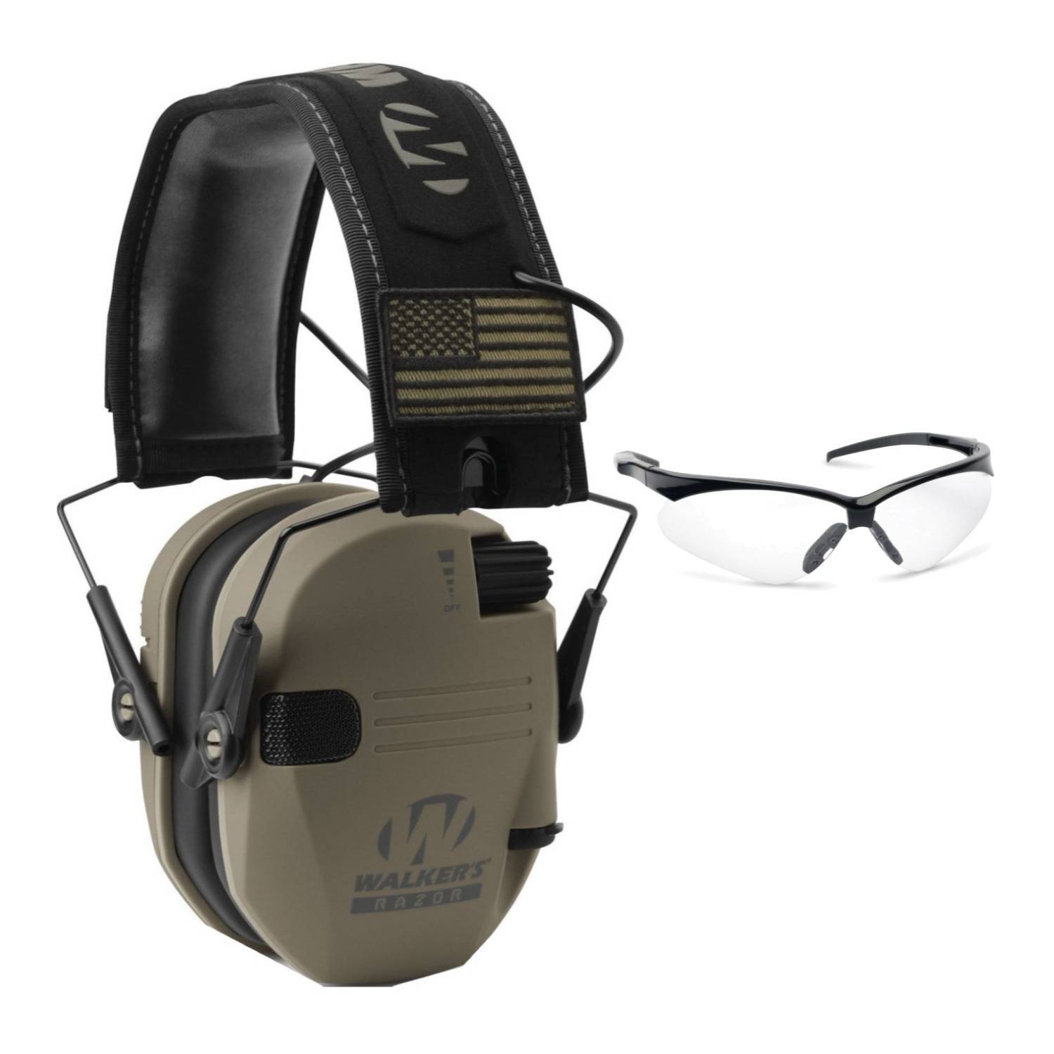 Walker’s Razor Slim Electronic Muff (FDE Patriot Version) with Glasses (Clear)