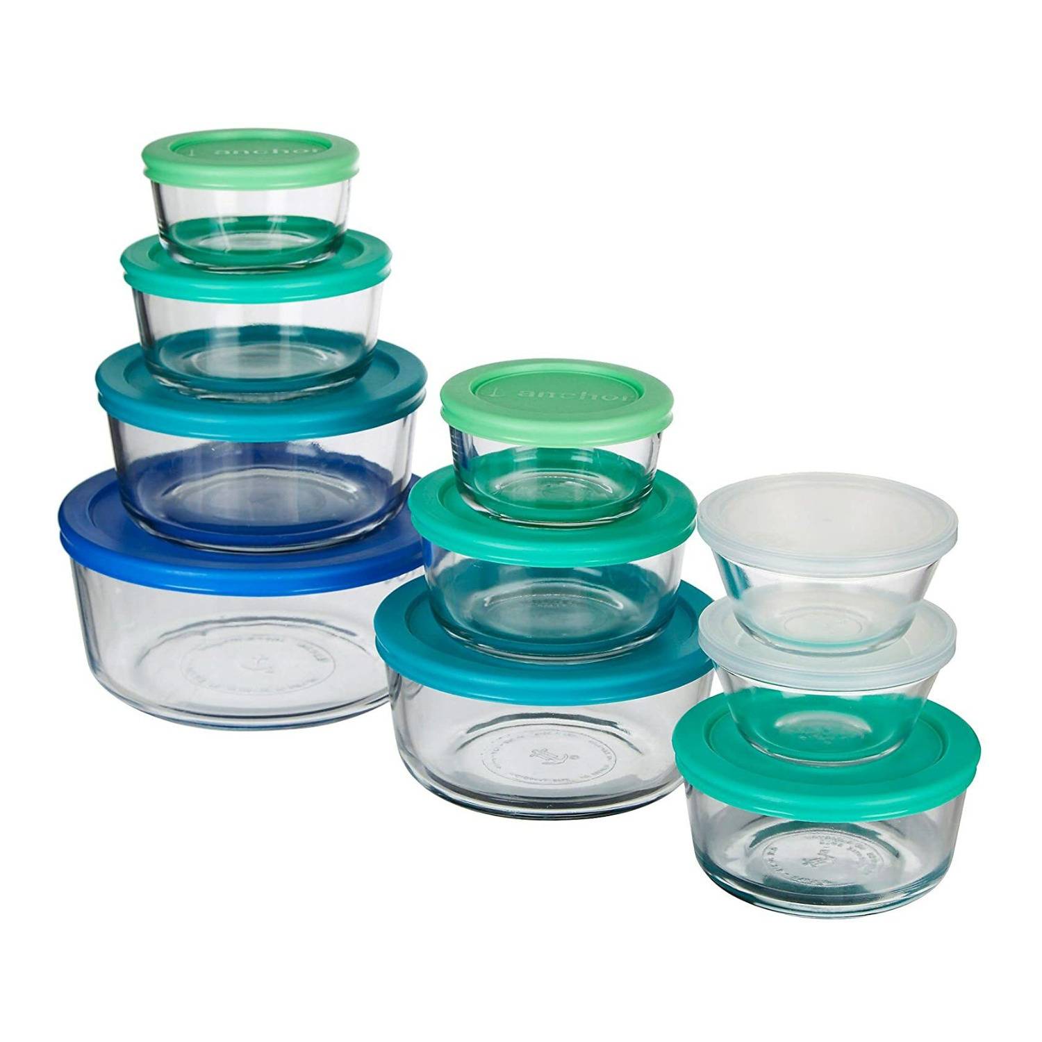 Anchor Hocking TrueSeal 20-Piece Round Glass Food Storage Set with Blue/Green Lid