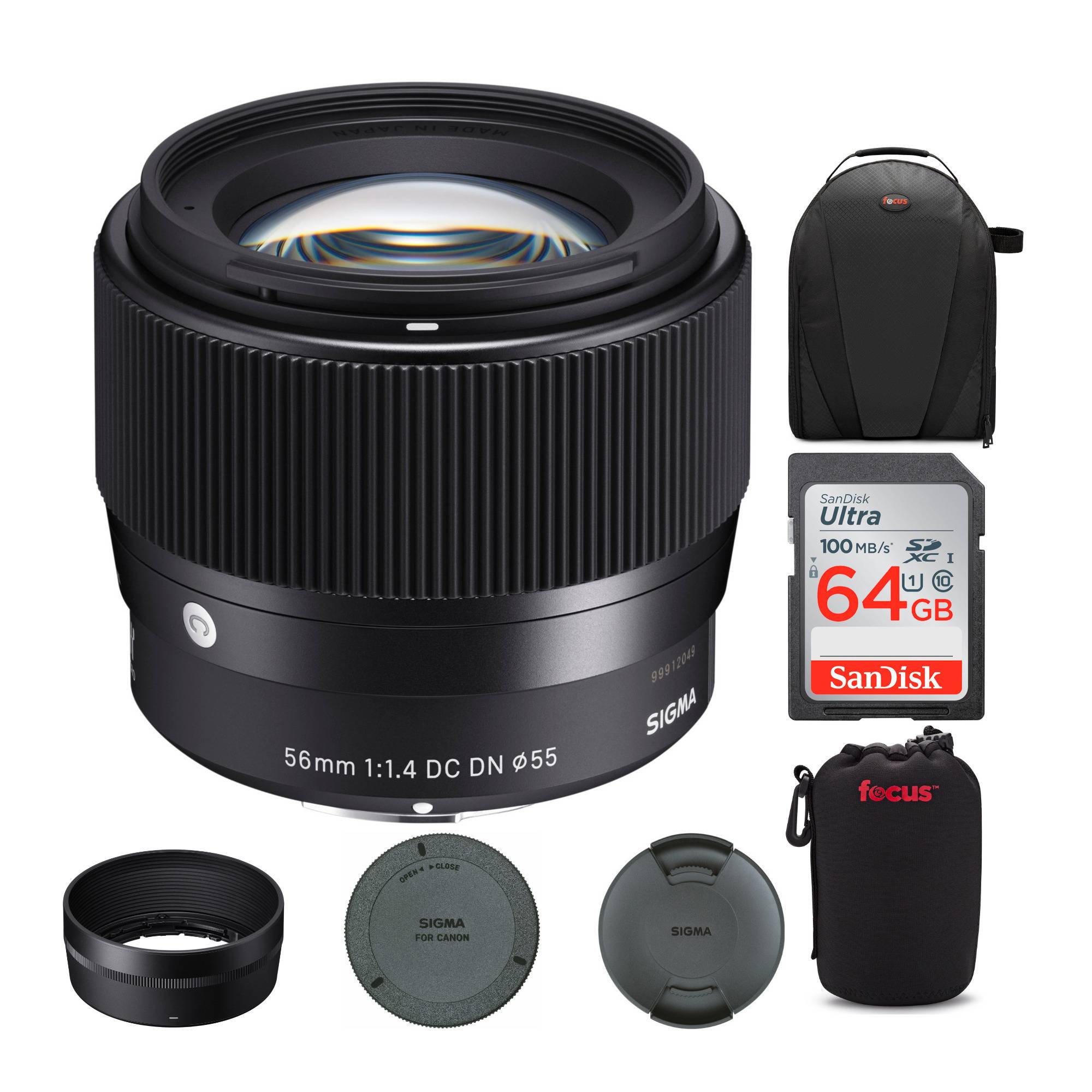 Sigma 56mm f/1.4 DC DN Contemporary Lens for Canon EF-M with 64GB Extreme PRO SD Card Travel Bundle