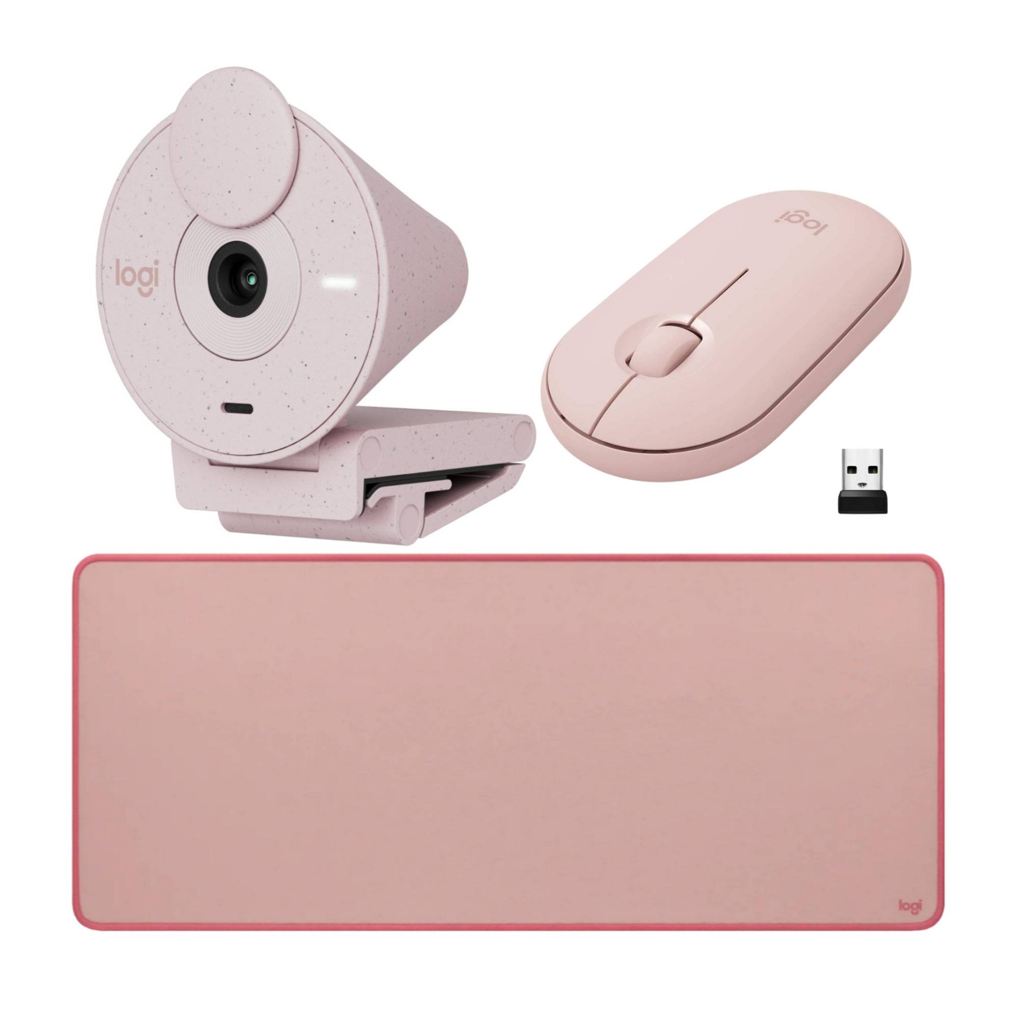 Logitech Brio 300 Rose - High-Definition Webcam with Desktop Anti-Slip Matt, and Mouse