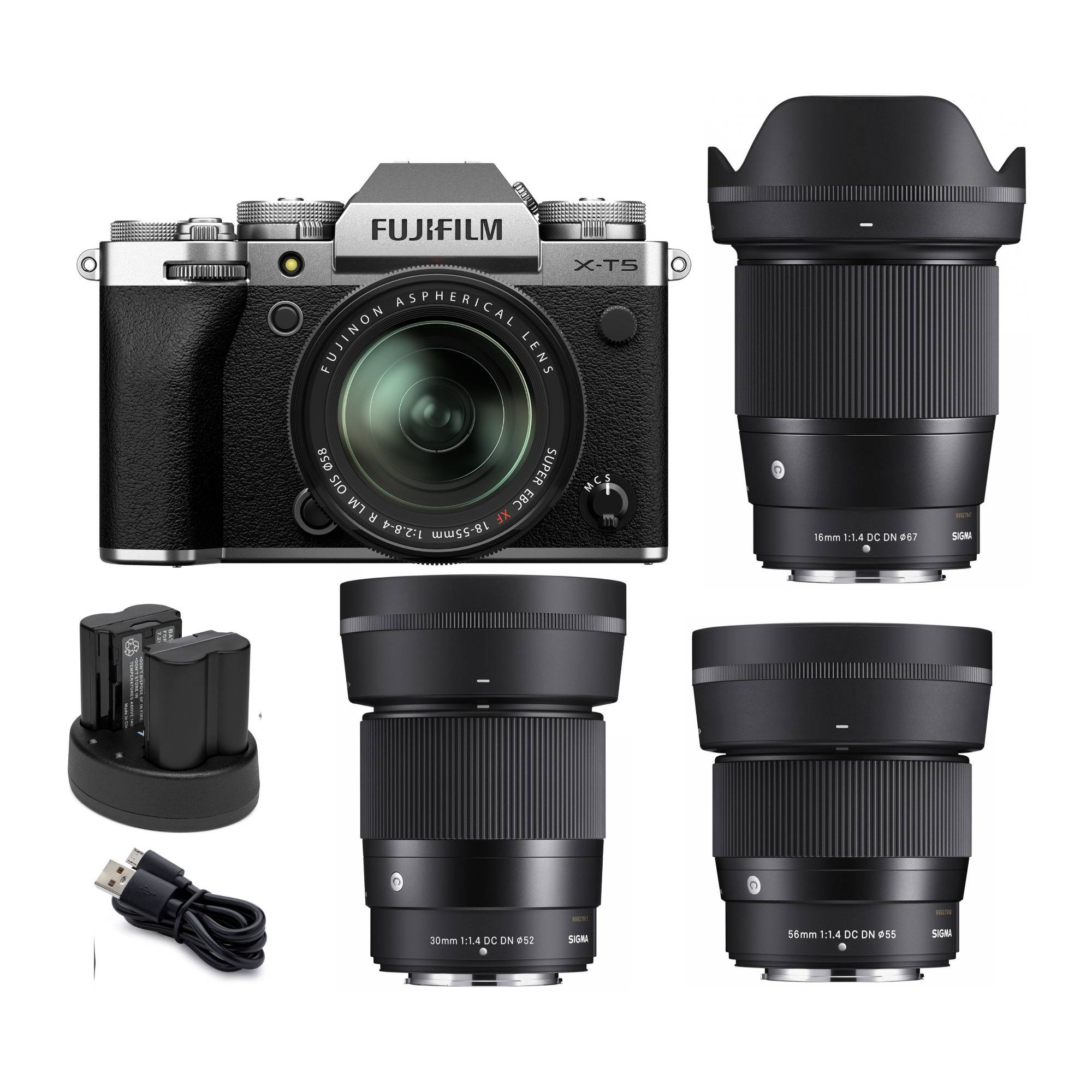 Fujifilm X-T5 Mirrorless Camera Body with XF18-55  (Silver) & 56mm, 30mm and 16mm Lens