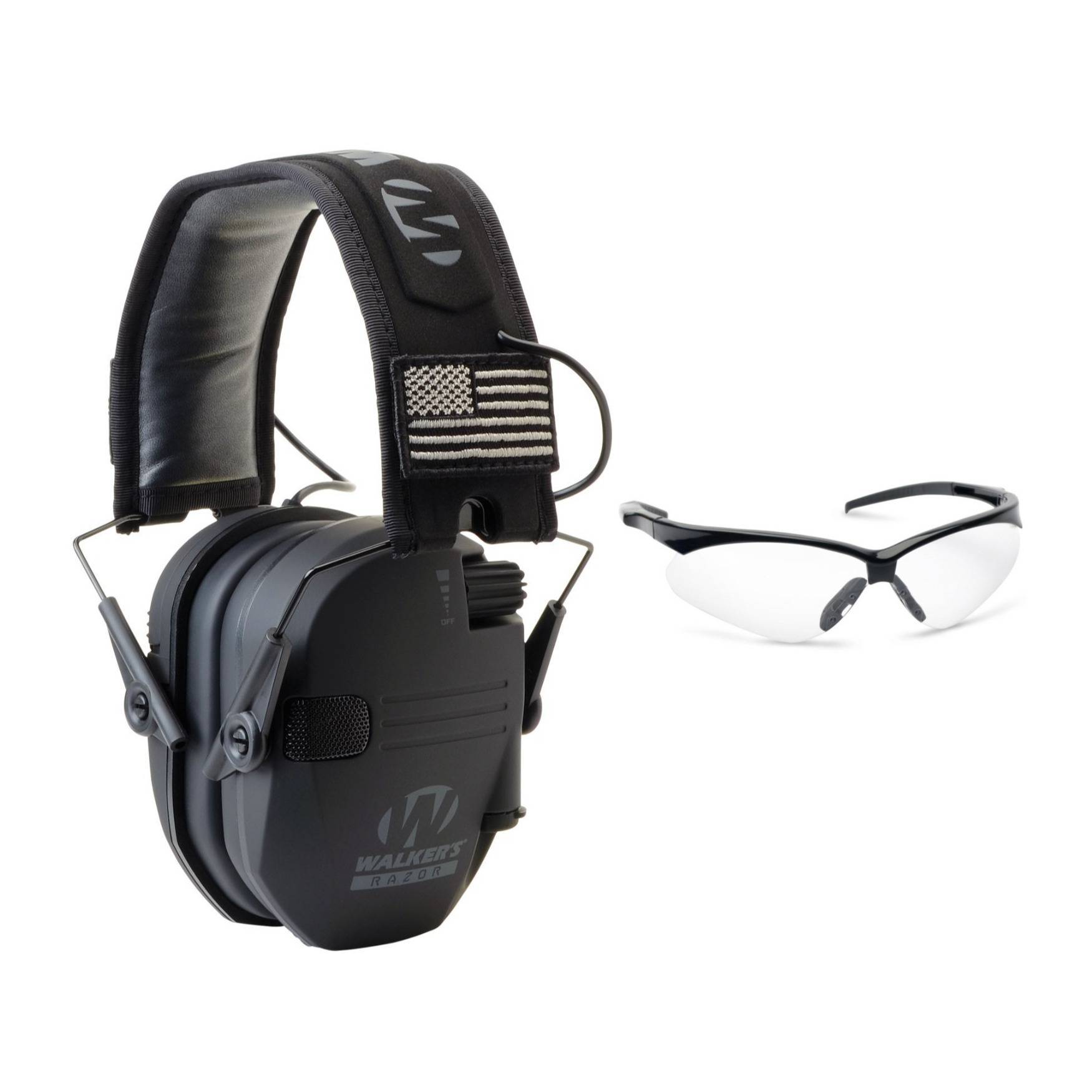Walker’s Razor Slim Electronic Muff (Black Patriot Version) with Glasses (Clear)