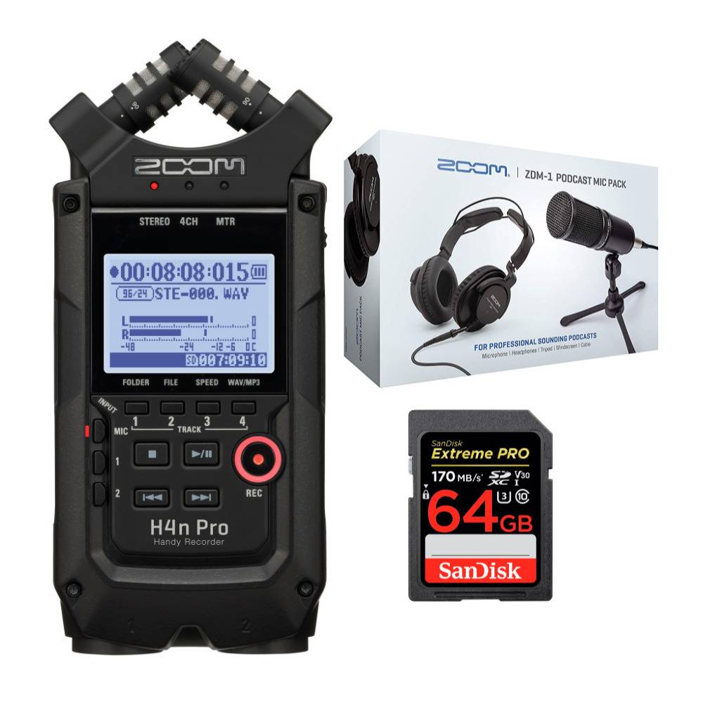 Zoom H4n Pro Handy Recorder (Black) Bundle with ZDM-1 Microphone Accessory Pack and 64GB Memory Card