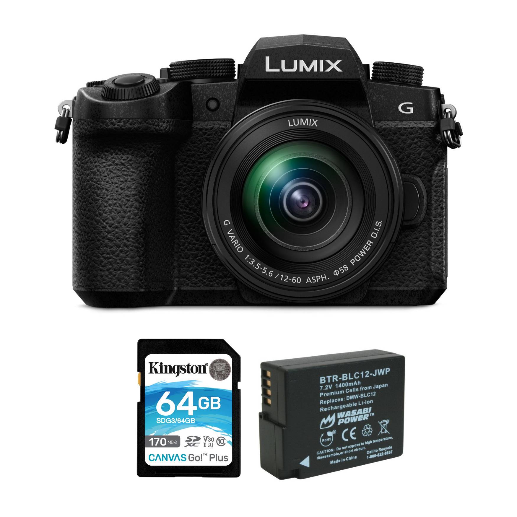 Panasonic Lumix G95 Hybrid Mirrorless Camera with 12-60mm Lens and 64GB Canvas Memory Card Bundle