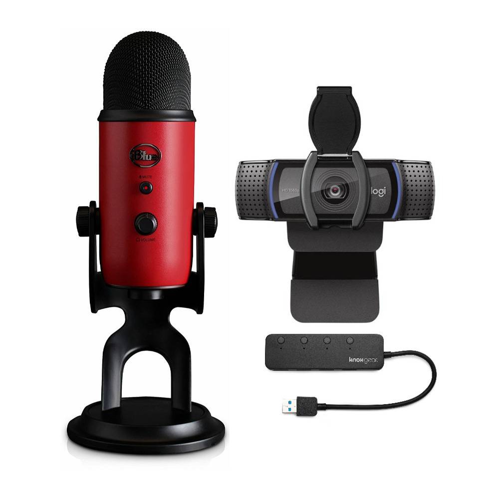 Blue Microphones Yeti (Satin Red) with Logitech C920S Pro HD Stream Webcam and 4-Port 3.0 USB Hub