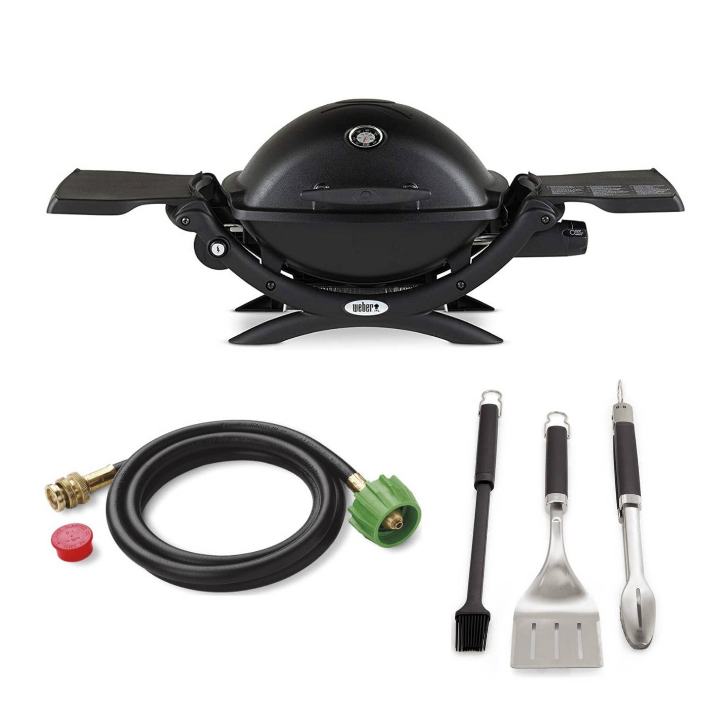Weber Q 1200 Gas Grill (Black) with Adapter Hose and 3-Piece Grilling Tool Set