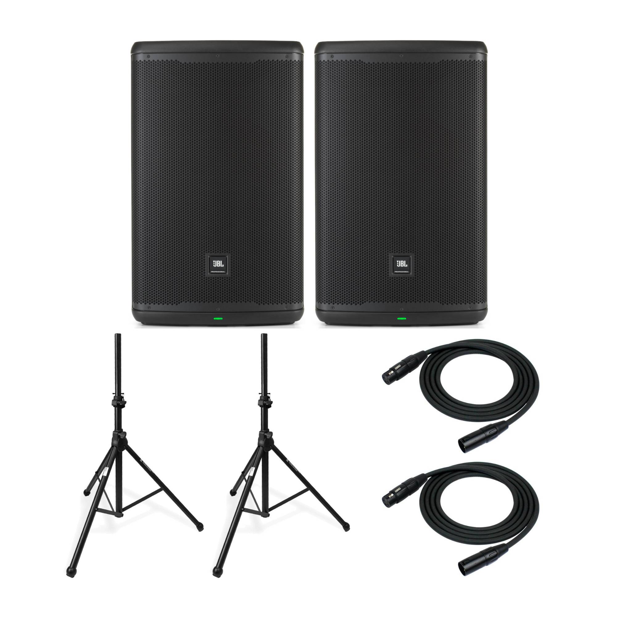 JBL Professional EON715 15in Powered Bluetooth PA Loudspeaker (Pair) with Stands and XLR Cables