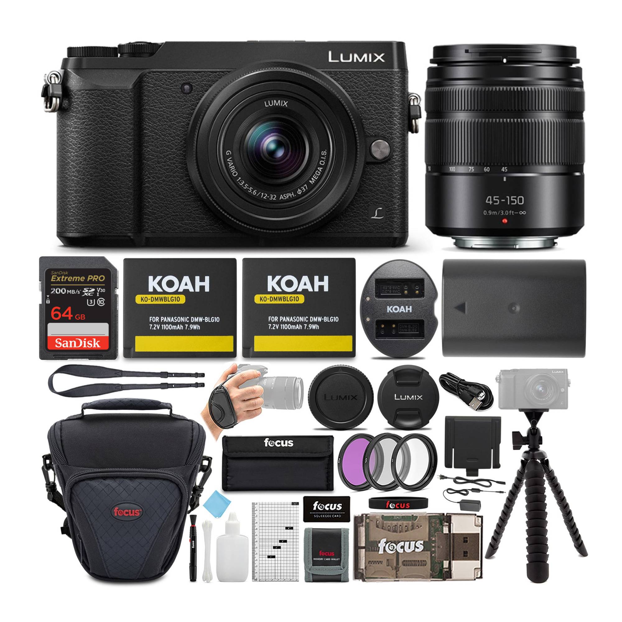 Panasonic LUMIX GX85 Mirrorless Camera (Black) with 12-32mm & 45-150mm Lenses & 64GB SD Card Bundle