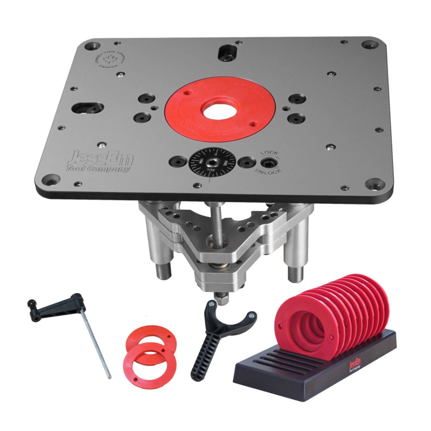 JessEm 02310 Rout-R-Lift II Router Lift with 02030 10-Piece Insert Ring Kit with Caddy