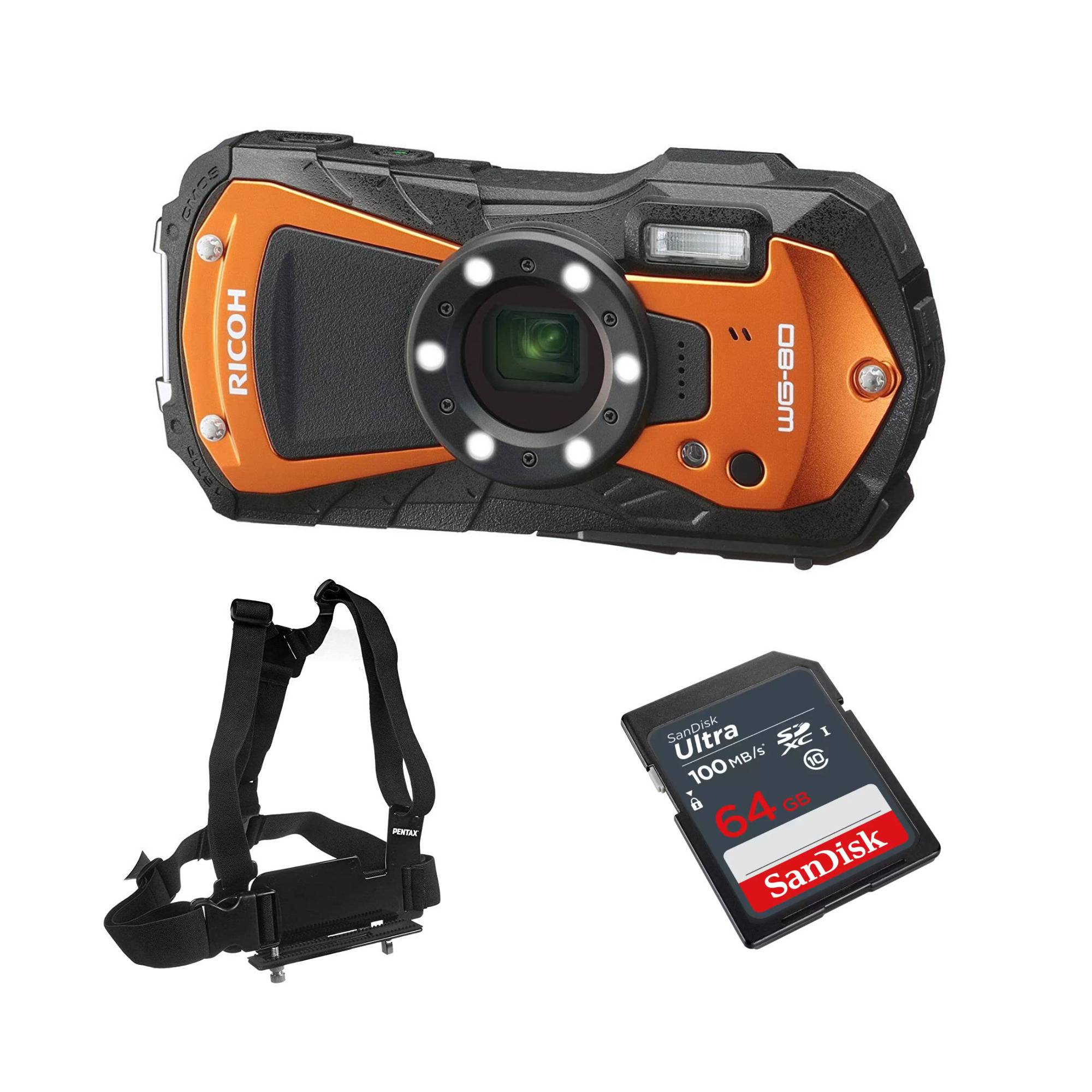 Ricoh WG-80 Digital Camera (Orange) with SanDisk 64 GB SD and Pentax Sports Mount Chest Harness