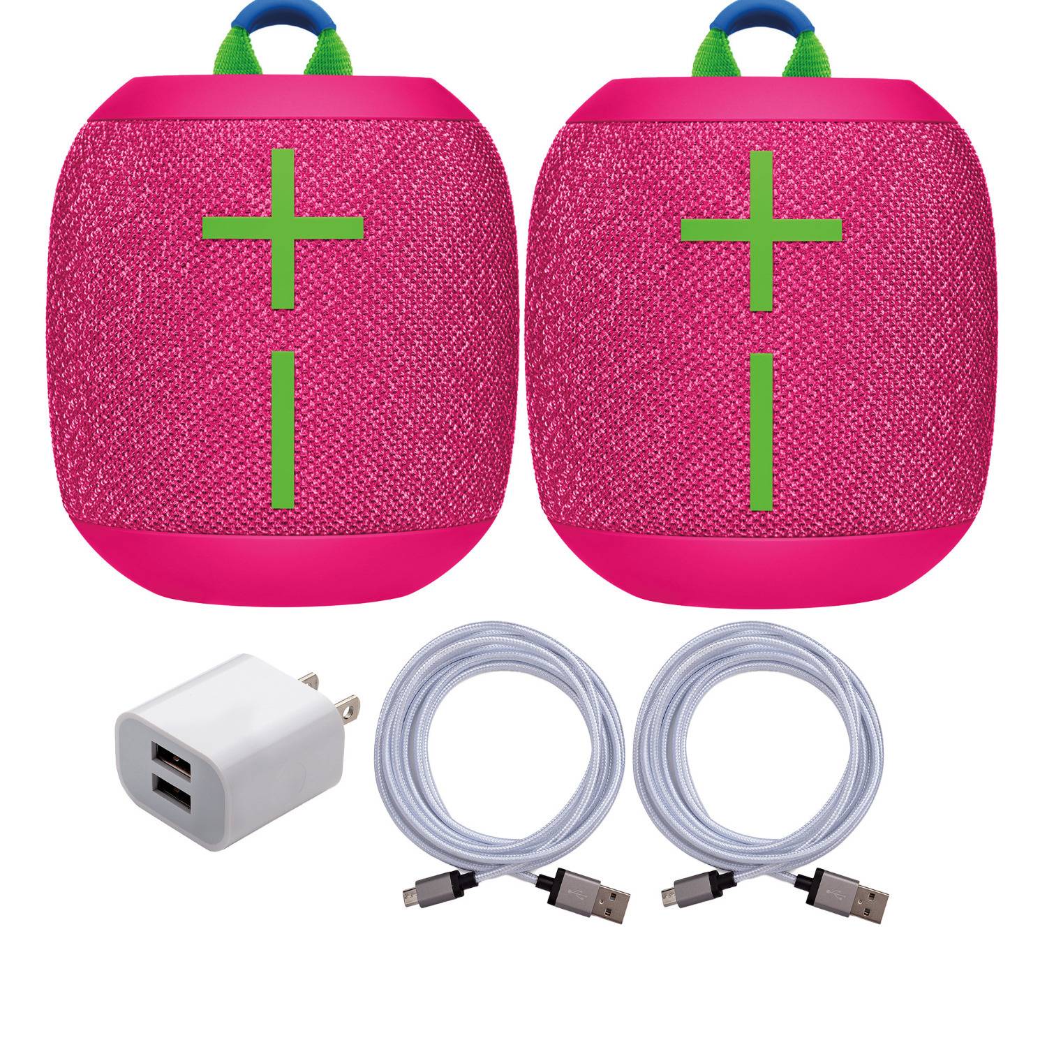 Ultimate Ears WONDERBOOM 3 Bluetooth Speakers (Hyper Pink, 2-Pack) with Cables and AC Adapter