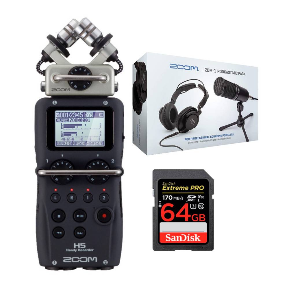 Zoom H5 Portable Handy Recorder with ZDM-1 Podcast Microphone Pack and 64GB SD Card Bundle