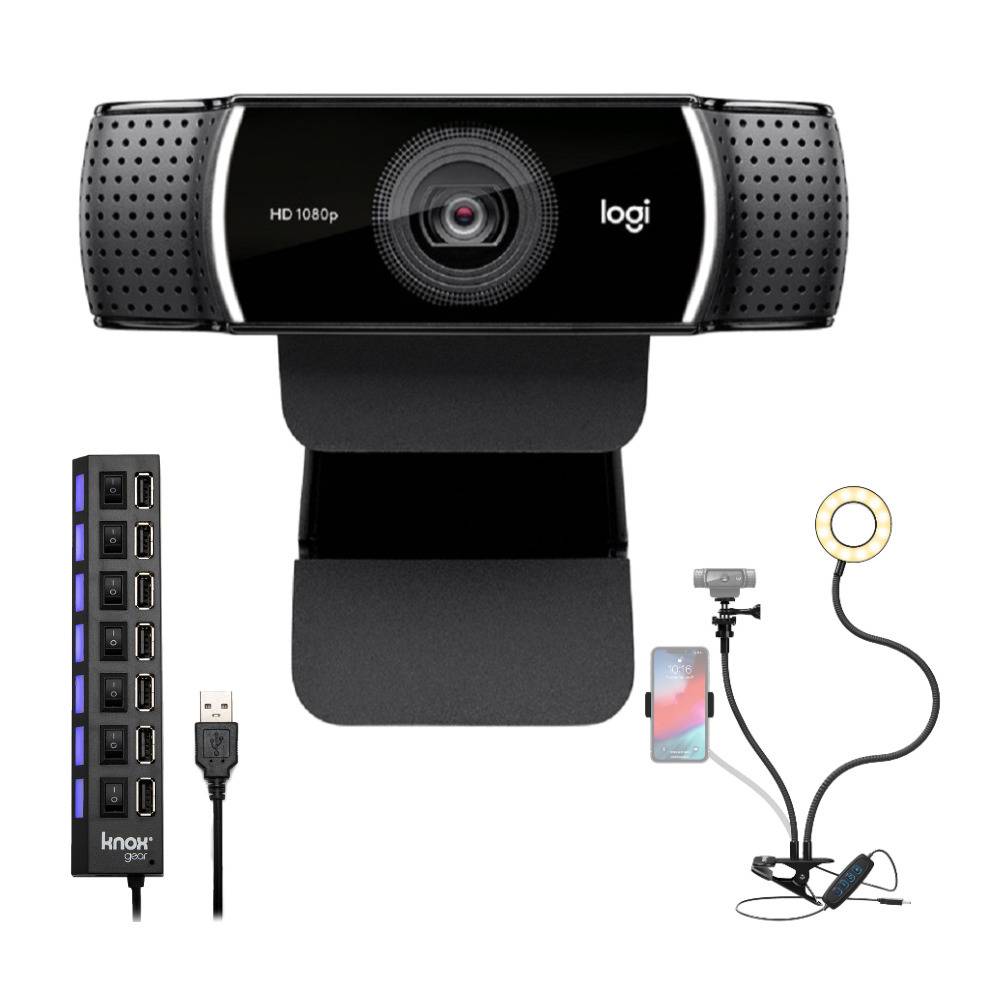 Logitech C922 Pro Stream Webcam 1080P Camera with USB Hub and Selfie Ring Light Bundle