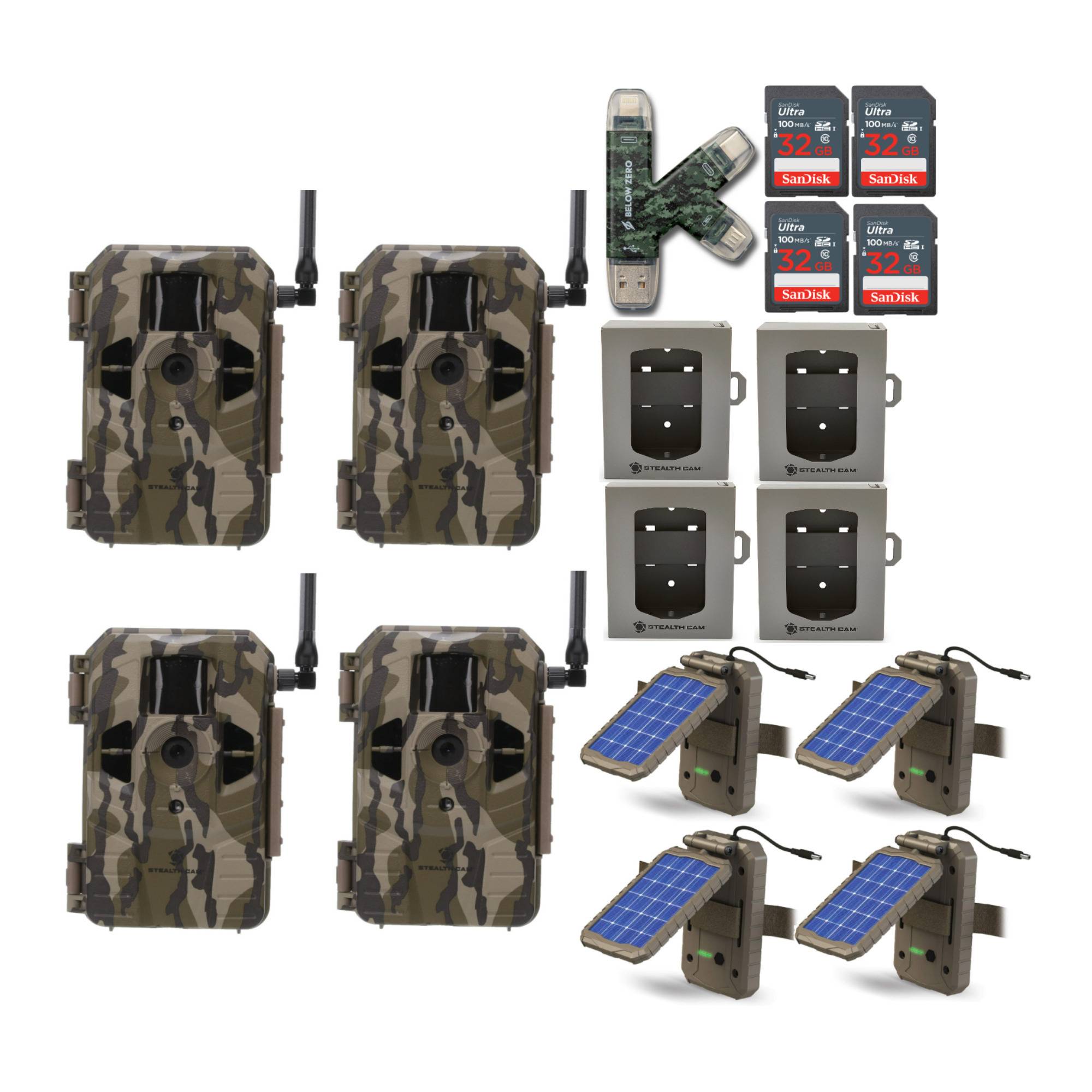 Stealth Cam Connect Cellular Trail Camera (AT&T) with Security Box and Solar Panel 4-Pack Bundle