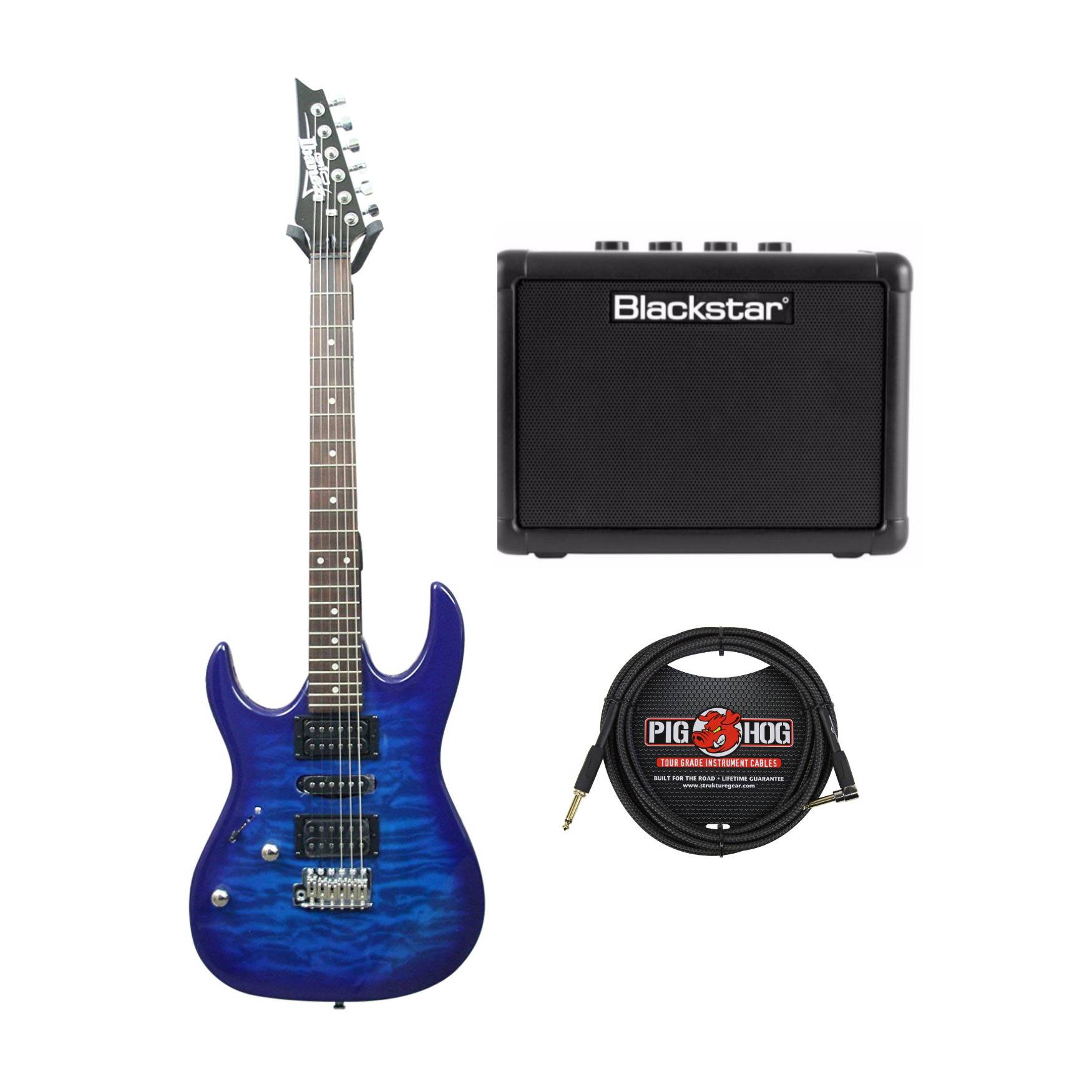 Ibanez GRX70QAL GIO Left-Handed Electric Guitar (Transparent Blue Burst) Bundle with Amp and Cable