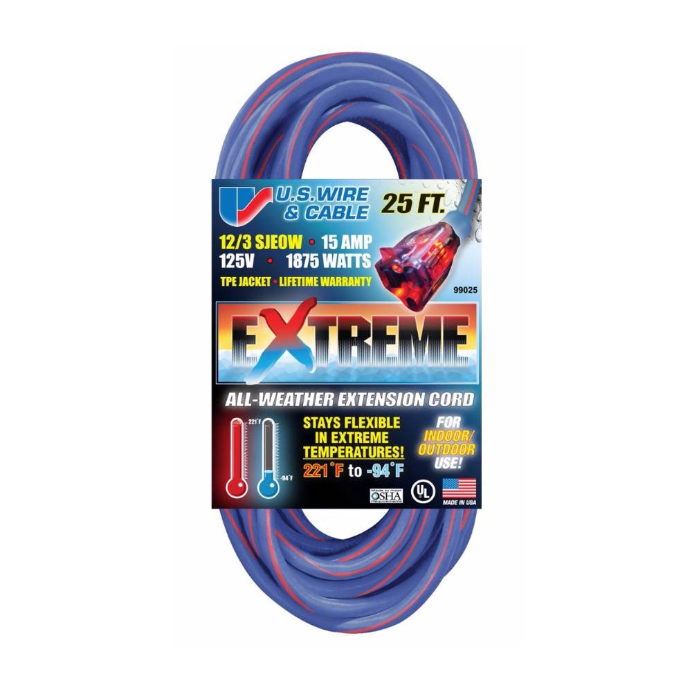 US Wire 99025 12/3 SJEOOW Blue and Red 3-Wire Grounded EXTREME Extension Cord with Female Illuminated Plug (25-Feet)