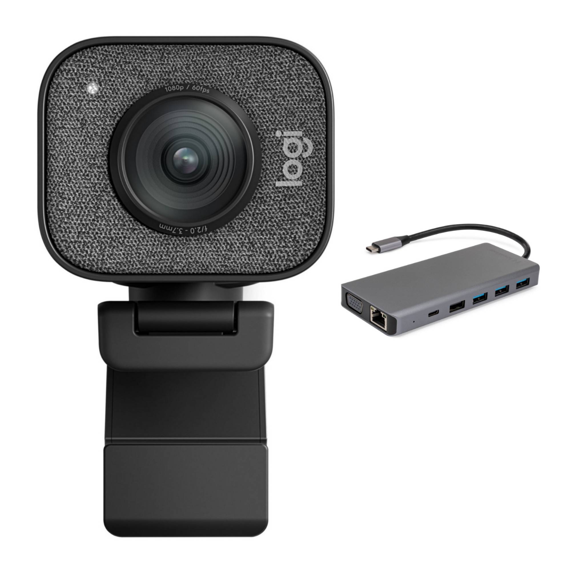 Logitech StreamCam Plus Webcam with Tripod (Graphite) Bundle with USB-C PD Multiple Charging Hub