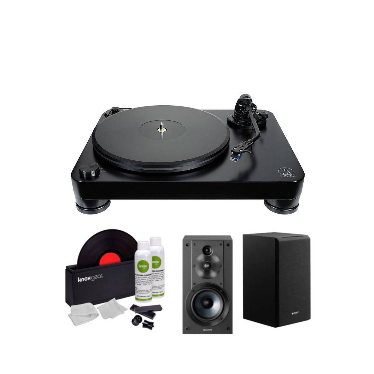 Audio-Technica AT-LP7 Fully Manual Belt-Drive Turntable with Speakers (Pair) and Record Care Kit