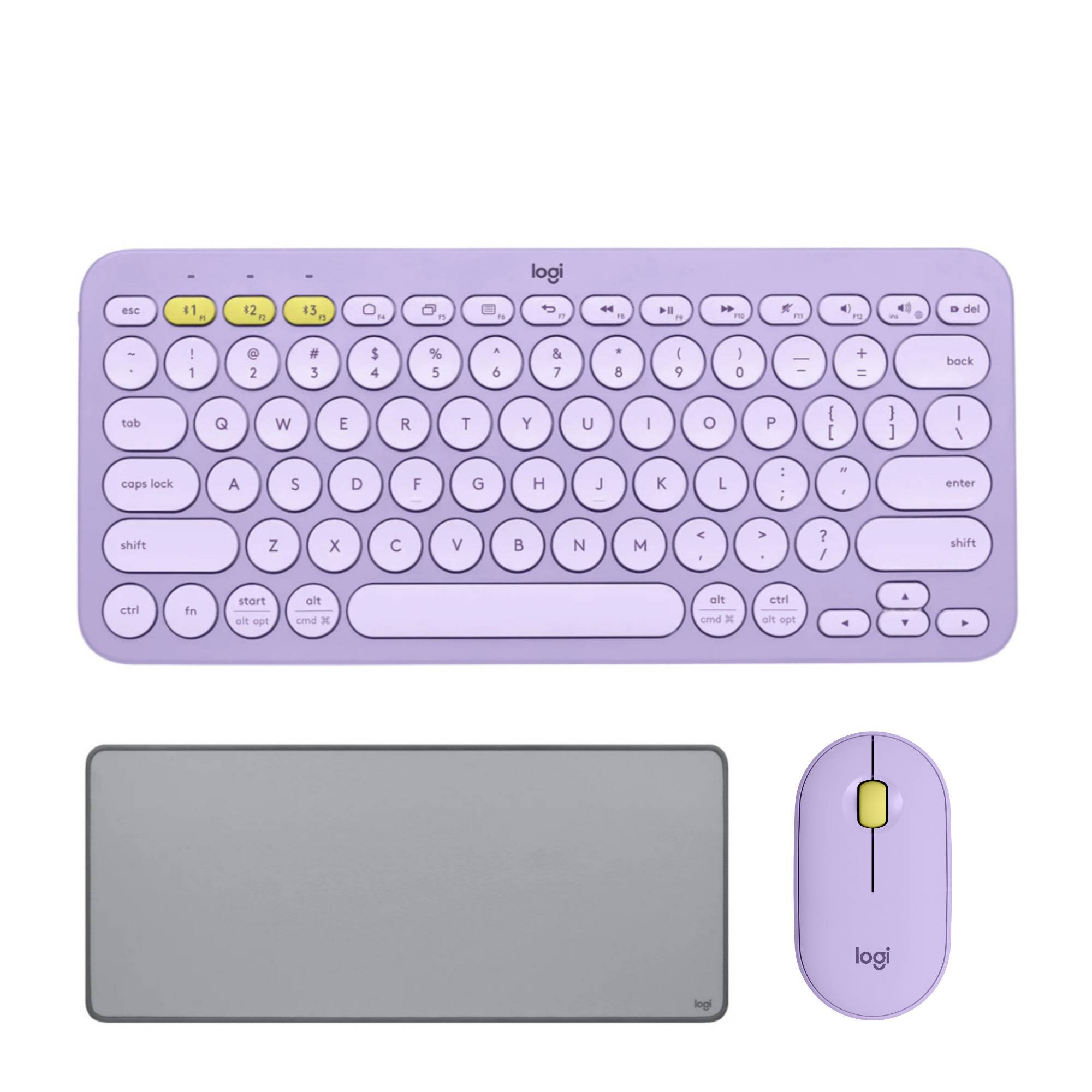 Logitech Pebble M350 Wireless Mouse Bundle with K380 Keyboard (Lavender), and Desk Mat (Grey)
