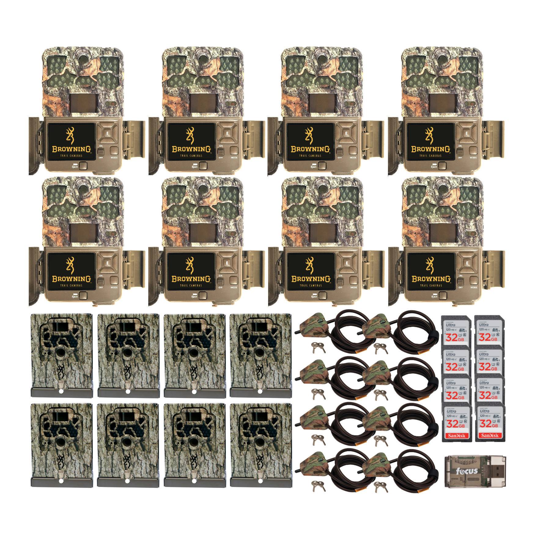 Browning Trail Cameras 20MP Recon Force Edge Trail Camera (8-Pack) with Security Boxes, Cables, 32GB Cards, and Reader