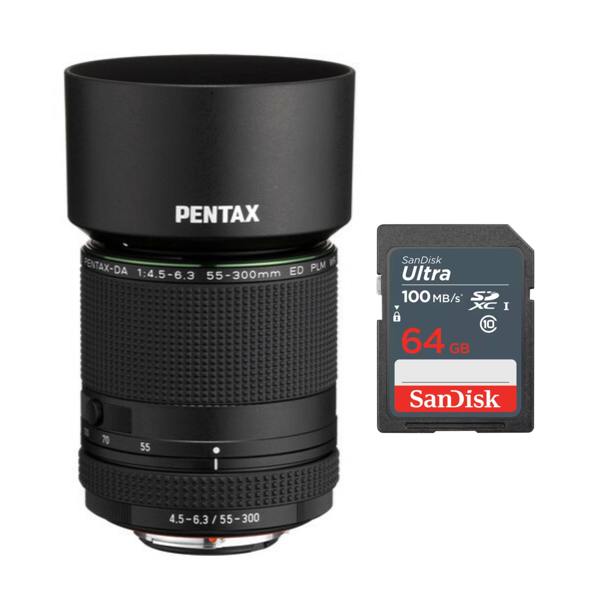 Pentax HD PENTAX-DA 55-300mm f/4.5-6.3 ED PLM WR RE Lens with 64 GB Memory Card and Accessory Kit