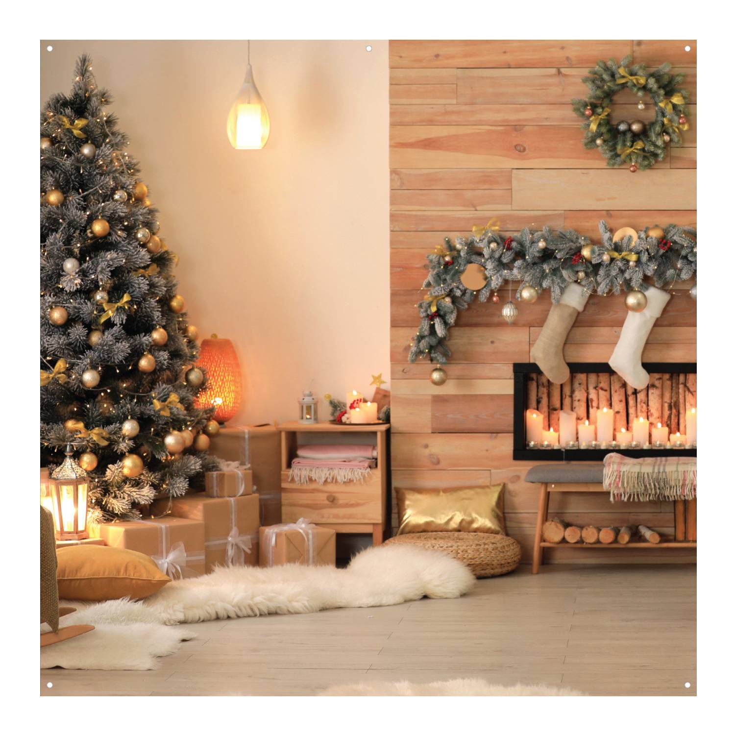 Westcott X-Drop Pro Christmas Tree and Cozy Fireplace Fabric Backdrop (8x8 Feet)