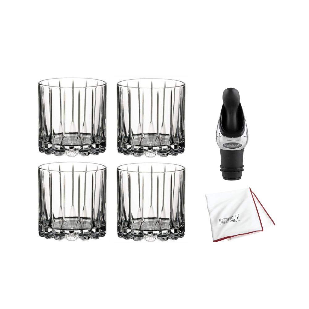 Riedel Drink Specific Rock Glass (9 oz, Clear) Set with Wine Pourer with Stopper and Polishing Cloth